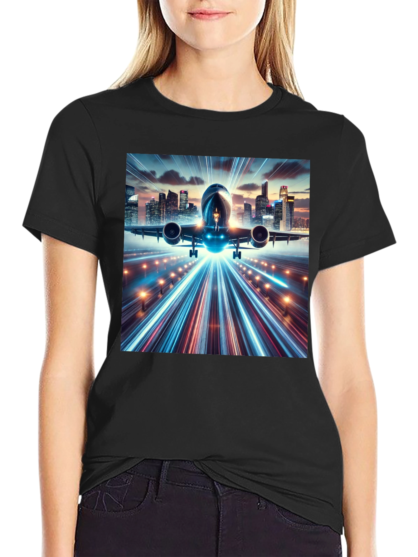 Cityscape Airplane Graphic Tee - Black