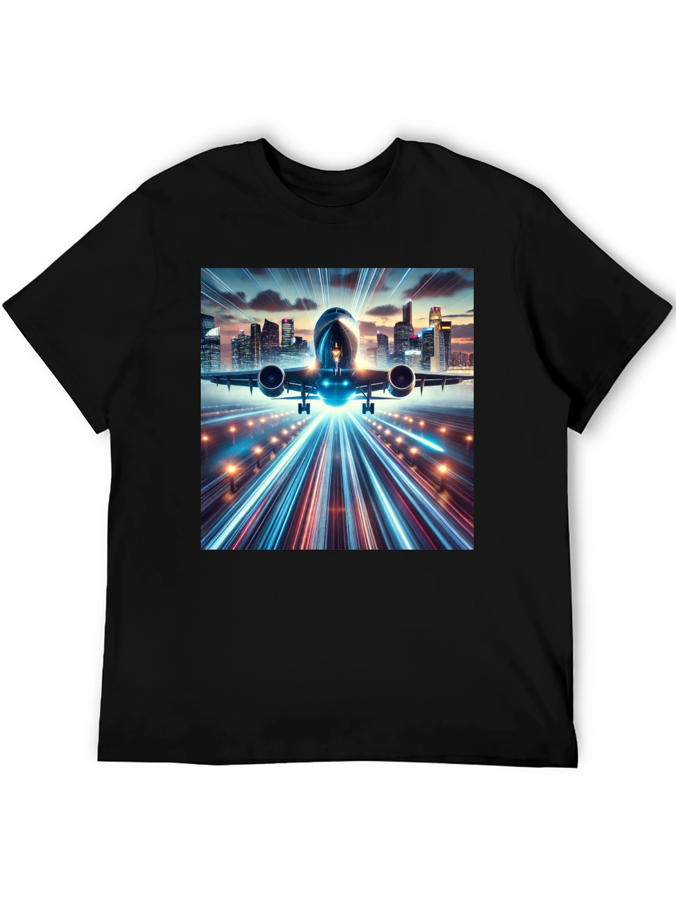 Cityscape Airplane Graphic Tee - Black