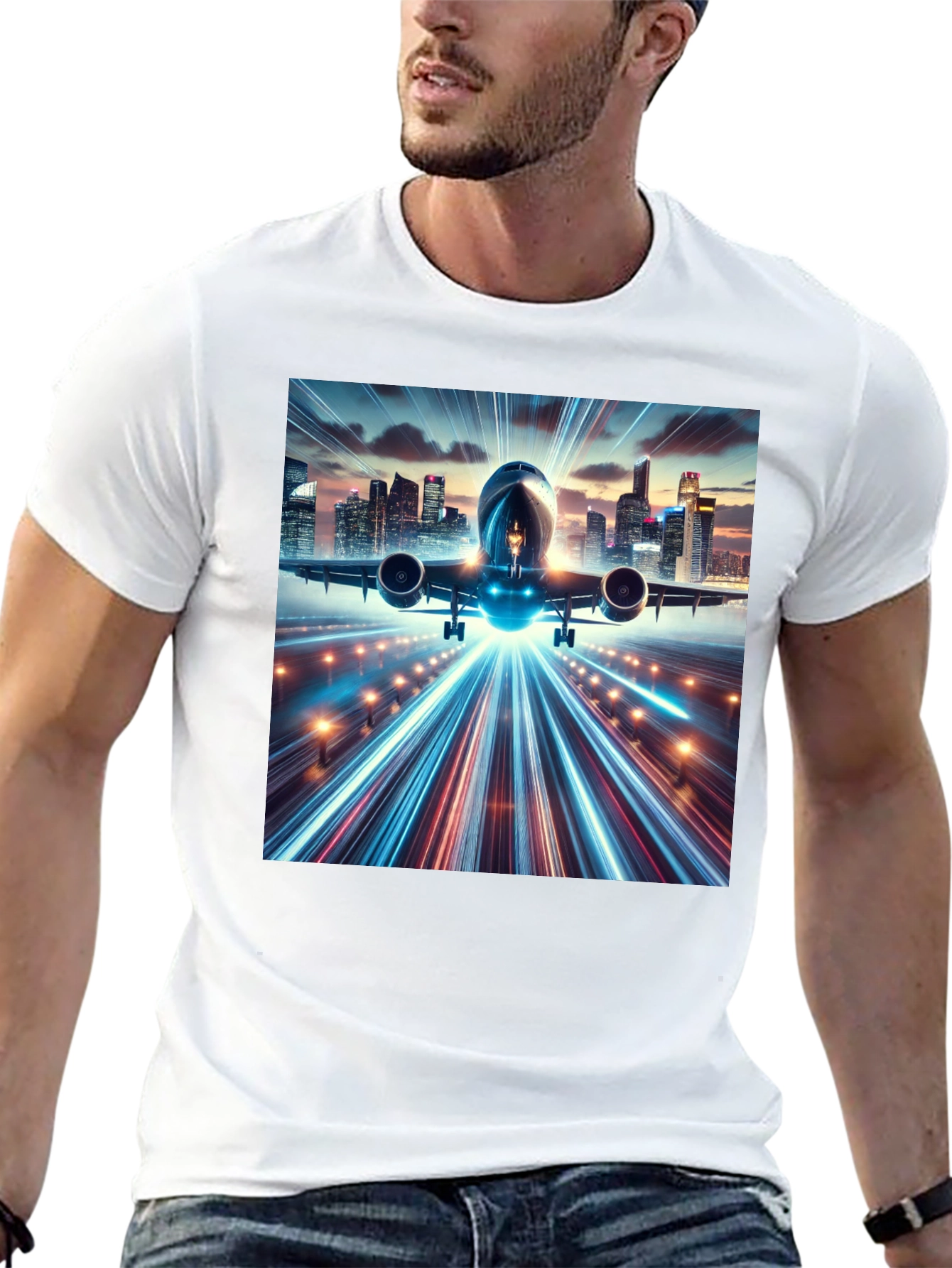 Cityscape Airplane Graphic Tee - Black