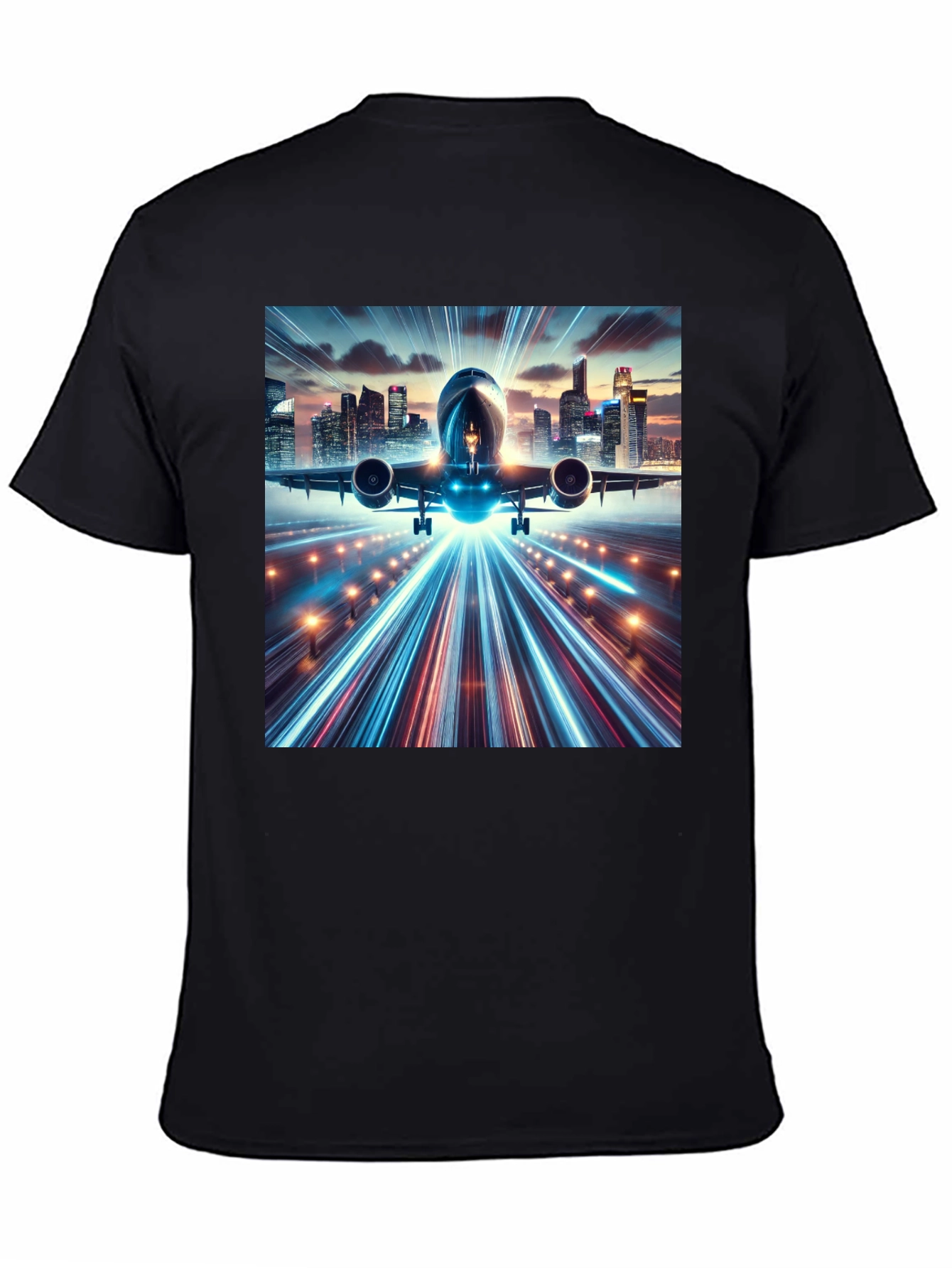 Cityscape Airplane Graphic Tee - Black