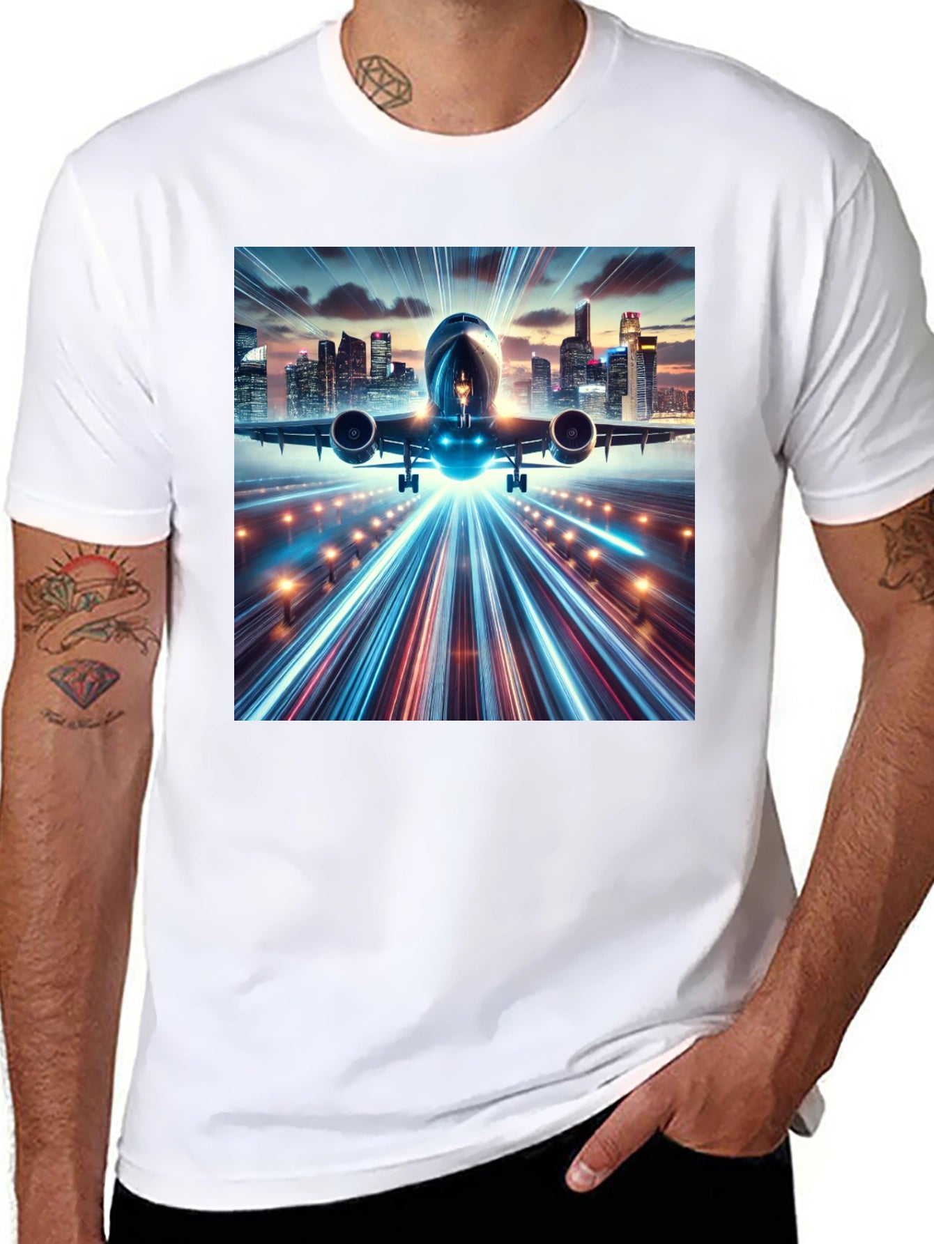 Cityscape Airplane Graphic Tee - Black