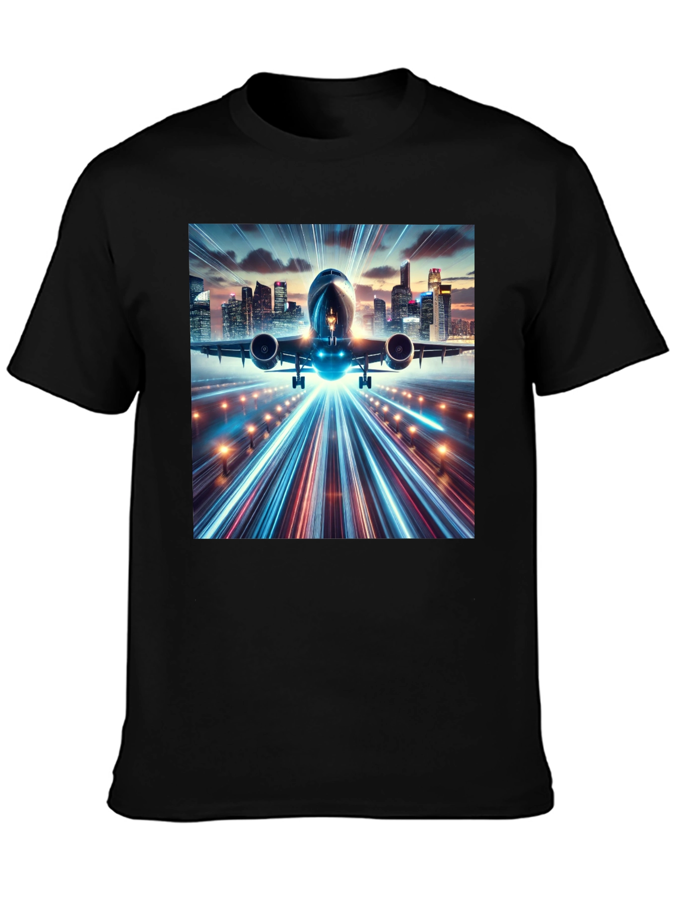 Cityscape Airplane Graphic Tee - Black