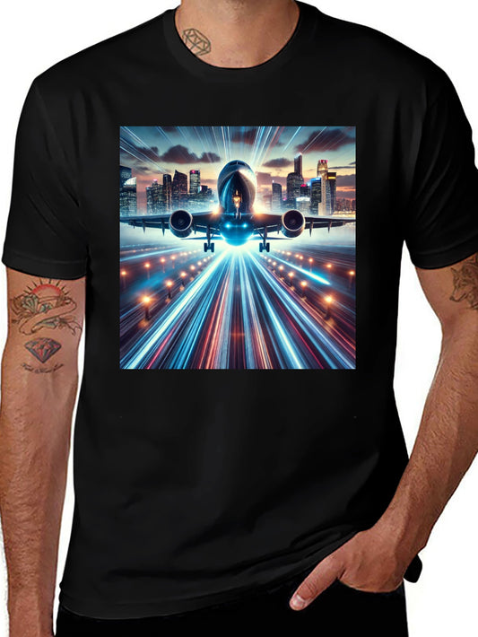 Cityscape Airplane Graphic Tee - Black