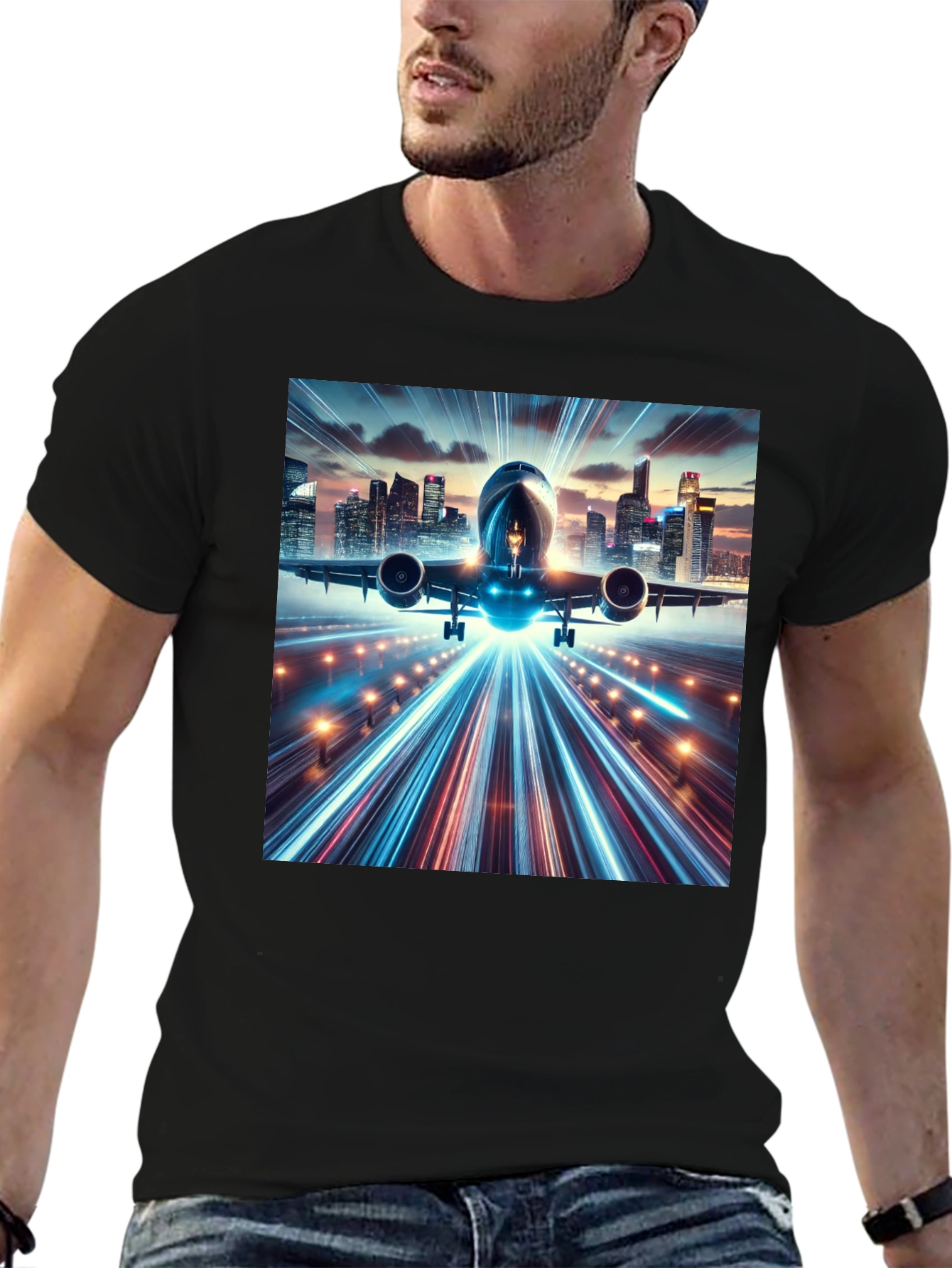 Cityscape Airplane Graphic Tee - Black
