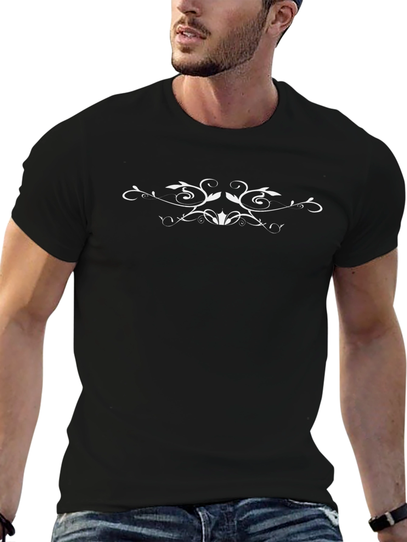 Elegant Black Tee with White Floral Design