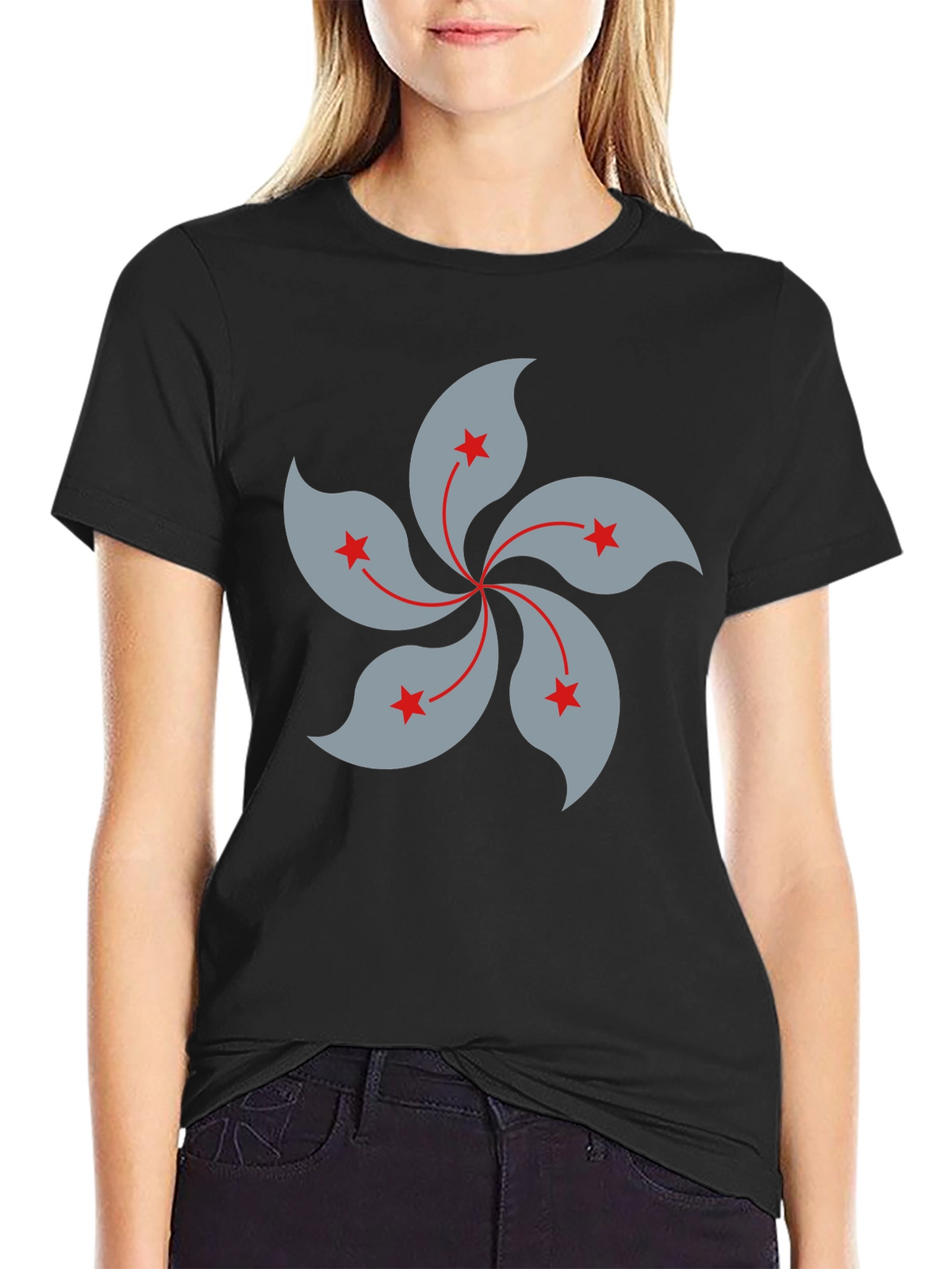 Black T-Shirt with Hong Kong Bauhinia Flower Design