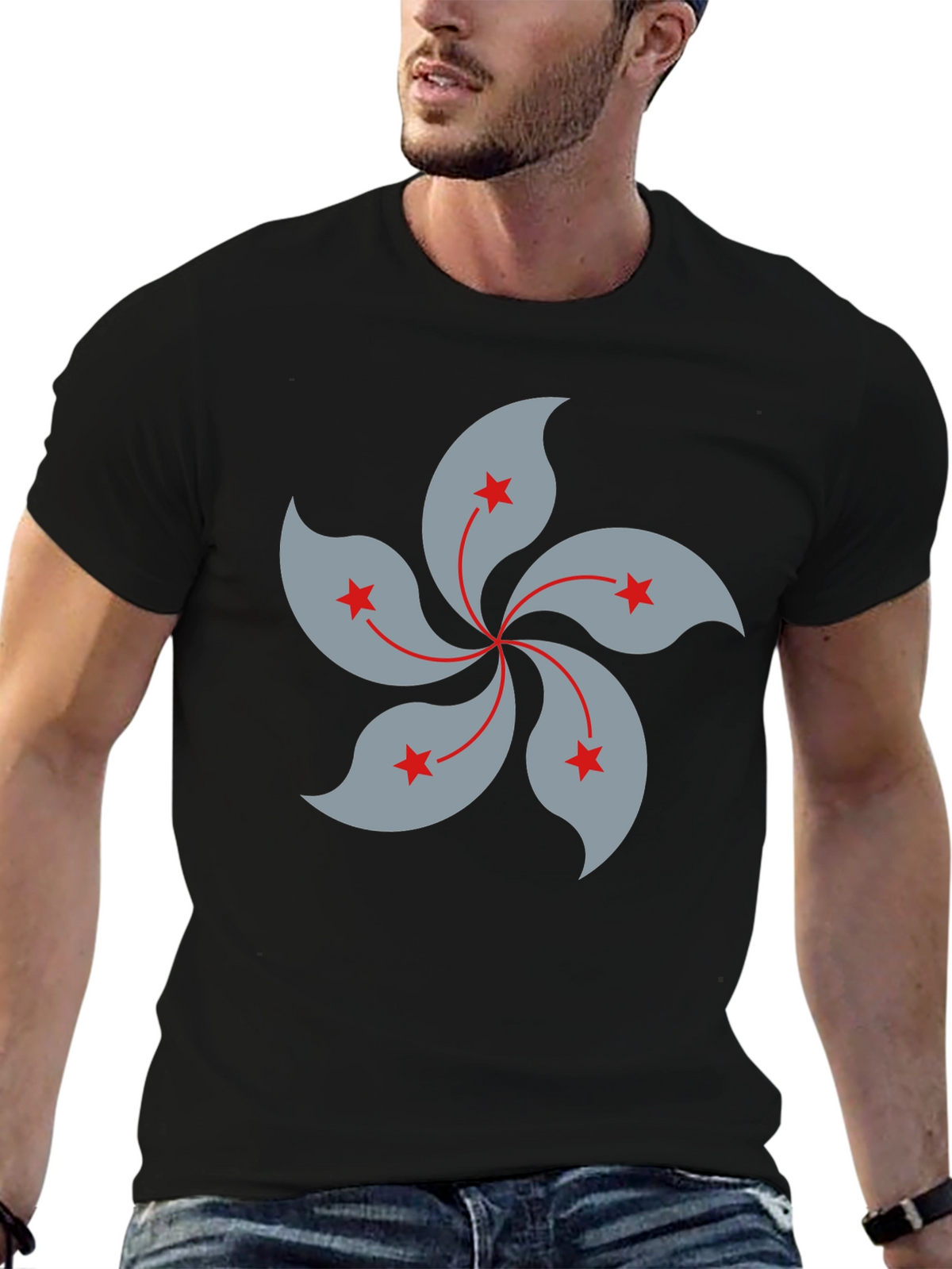 Black T-Shirt with Hong Kong Bauhinia Flower Design