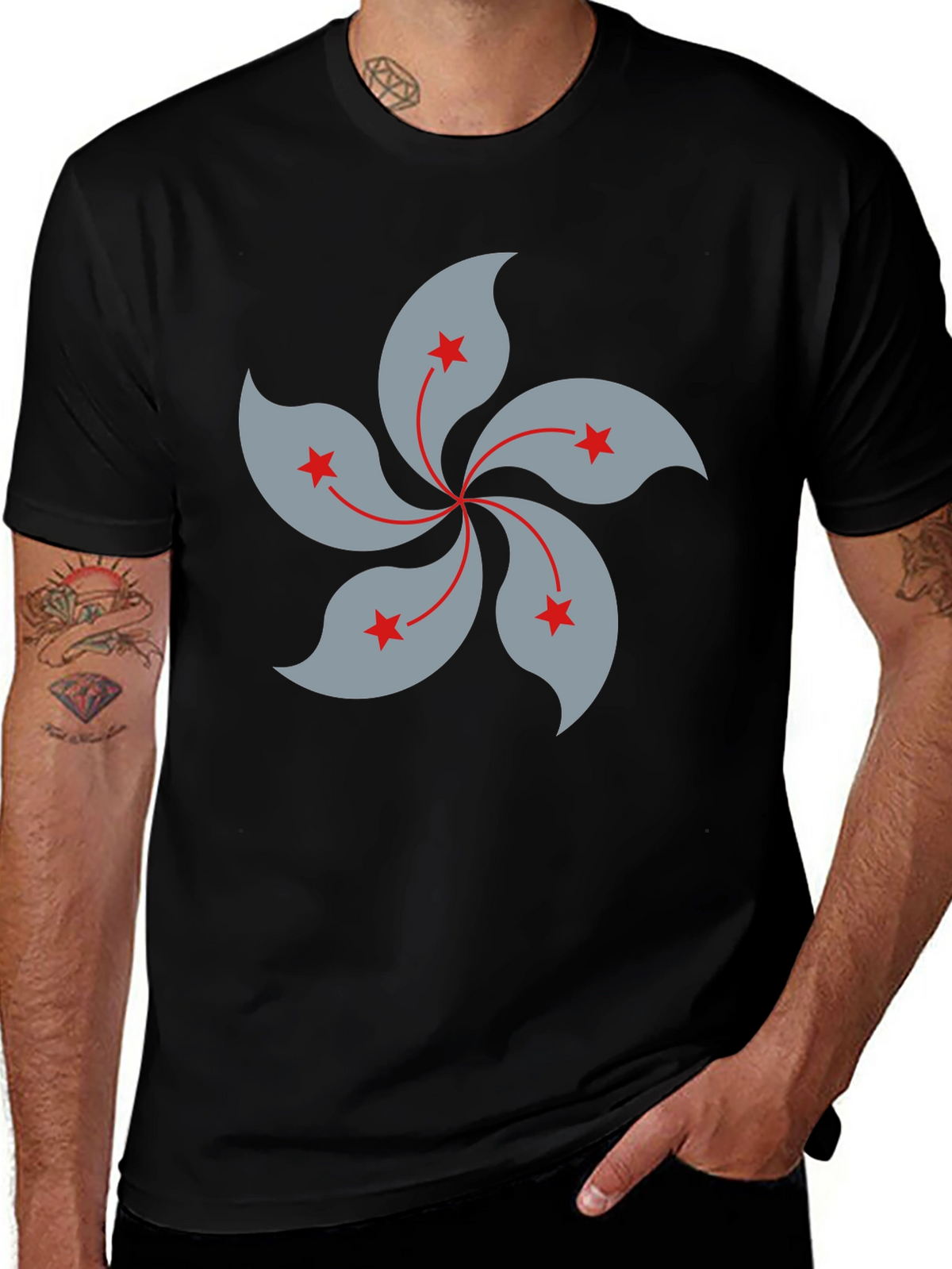 Black T-Shirt with Hong Kong Bauhinia Flower Design