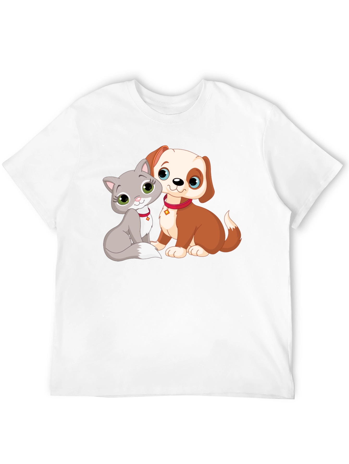 Cute Cartoon Cat and Dog Graphic T-Shirt