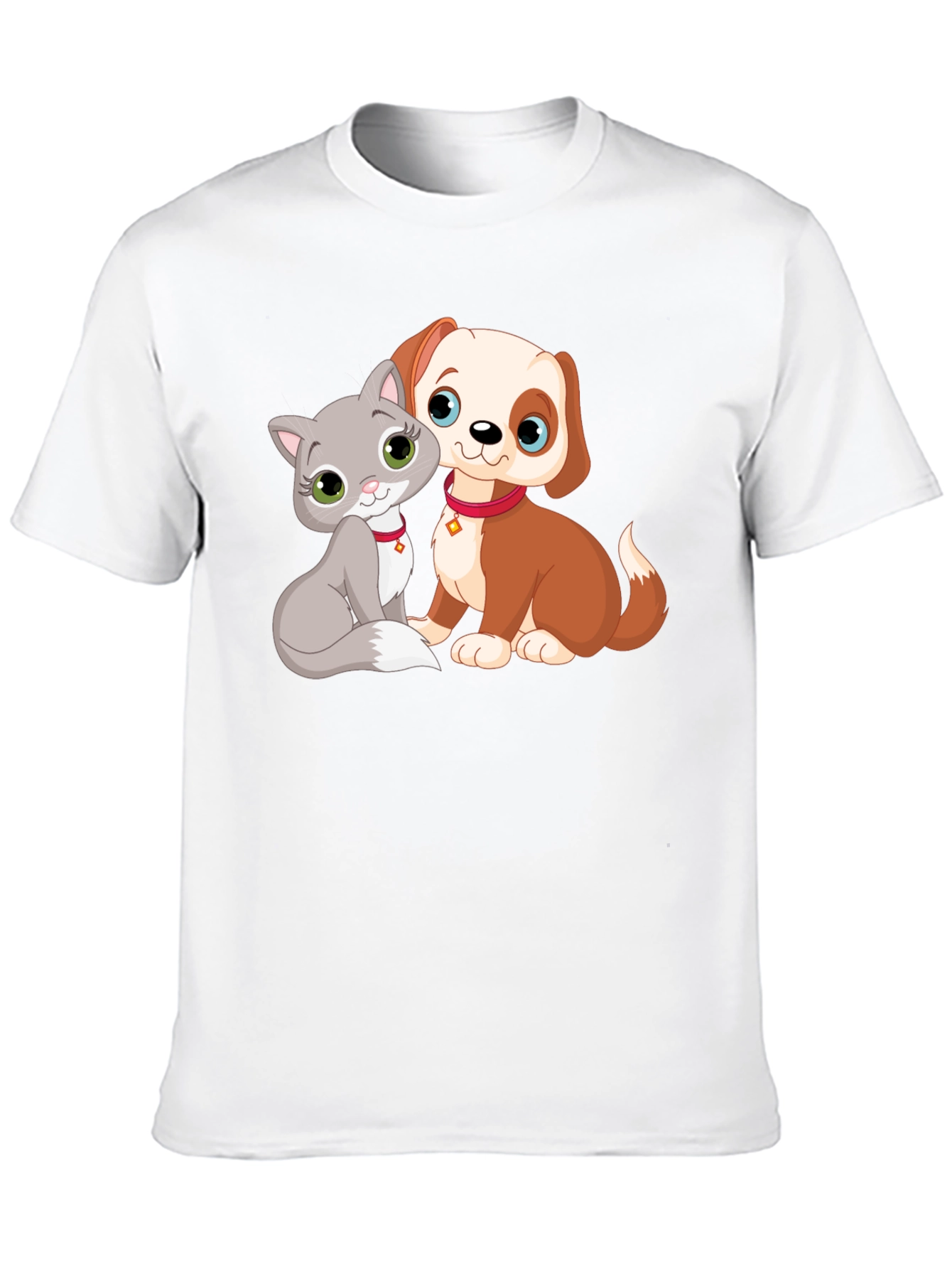Cute Cartoon Cat and Dog Graphic T-Shirt
