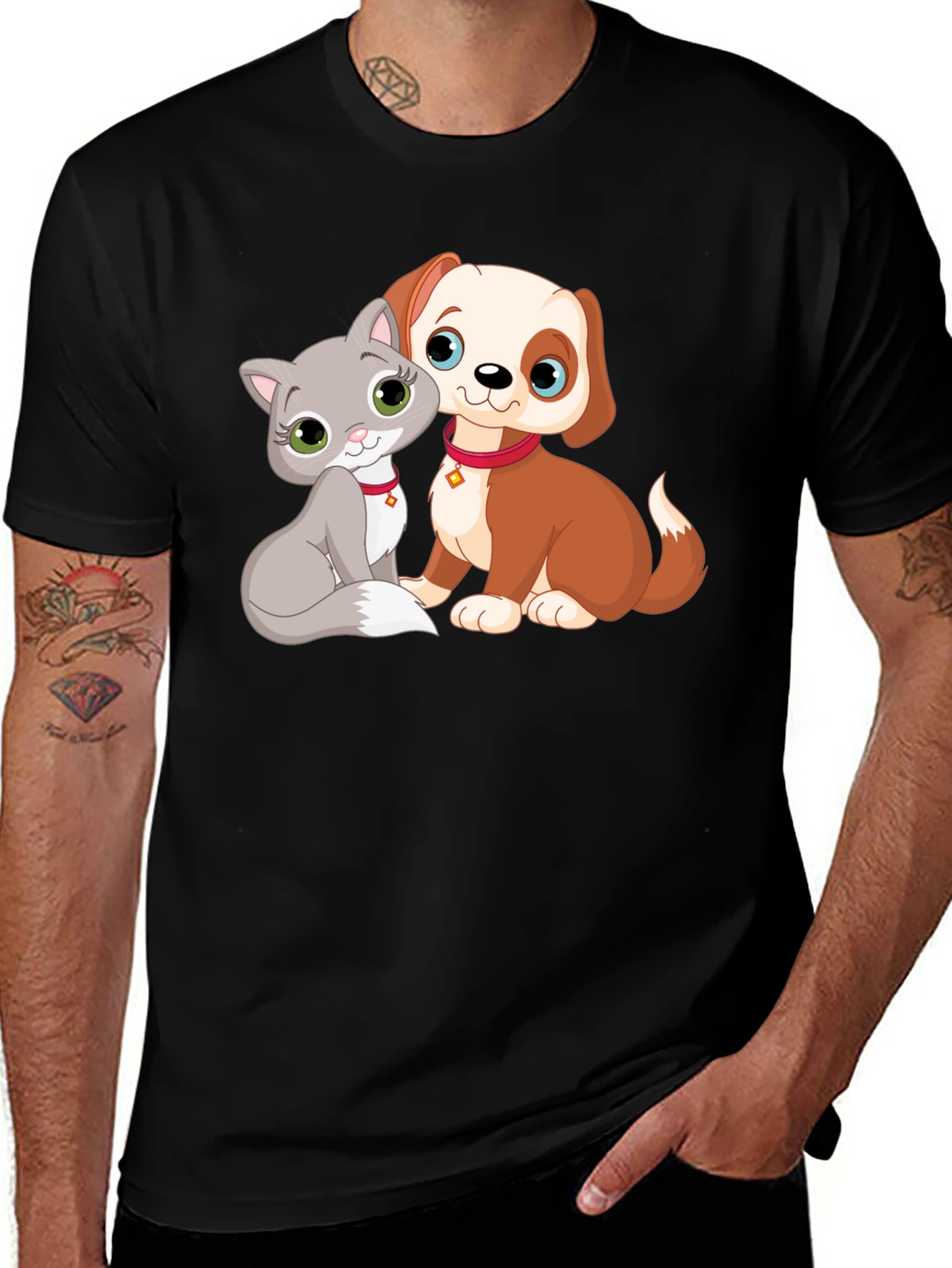 Cute Cartoon Cat and Dog Graphic T-Shirt