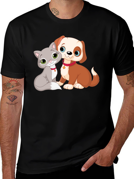 Cute Cartoon Cat and Dog Graphic T-Shirt