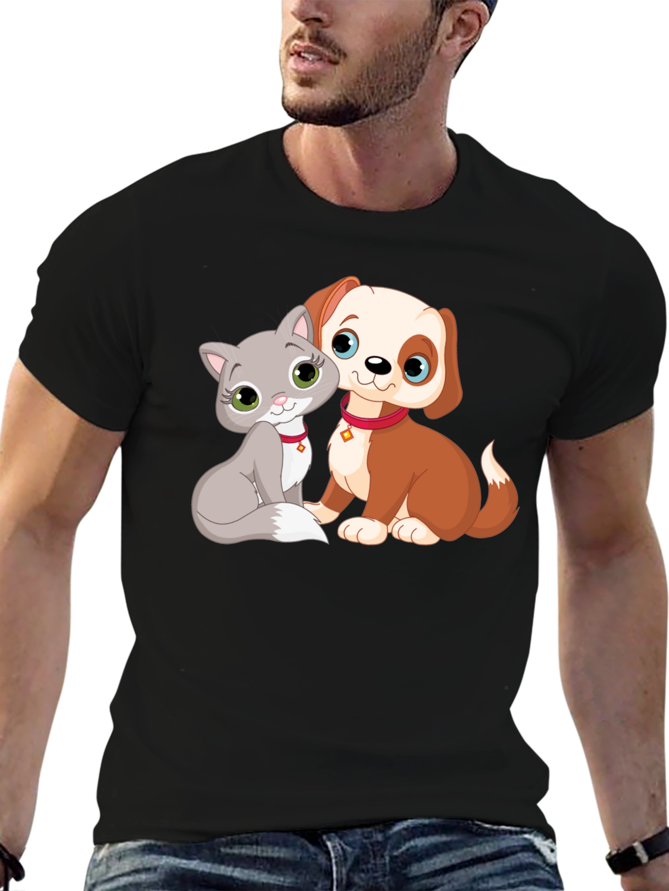 Cute Cartoon Cat and Dog Graphic T-Shirt