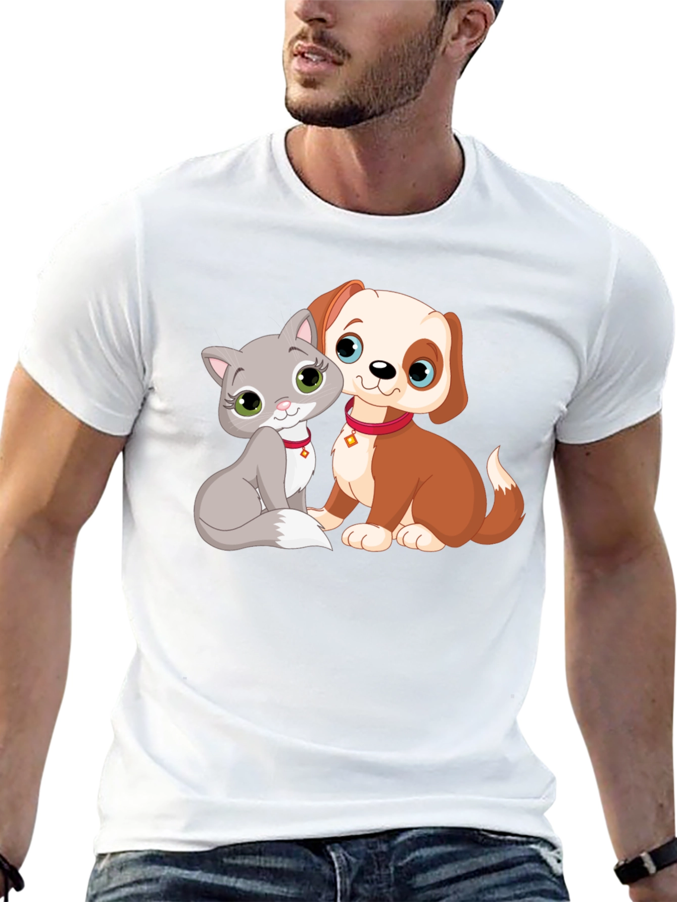 Cute Cartoon Cat and Dog Graphic T-Shirt
