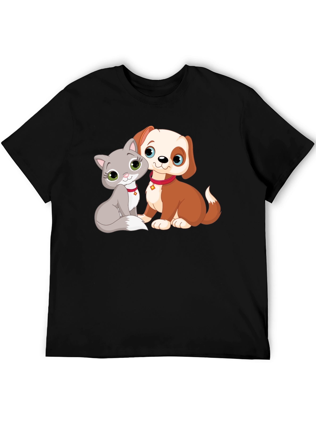 Cute Cartoon Cat and Dog Graphic T-Shirt