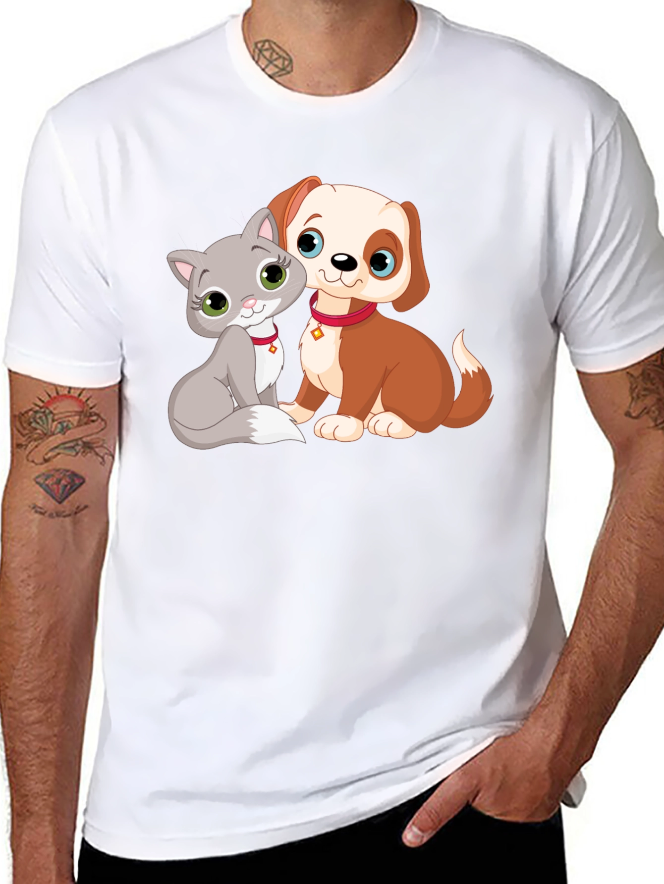 Cute Cartoon Cat and Dog Graphic T-Shirt