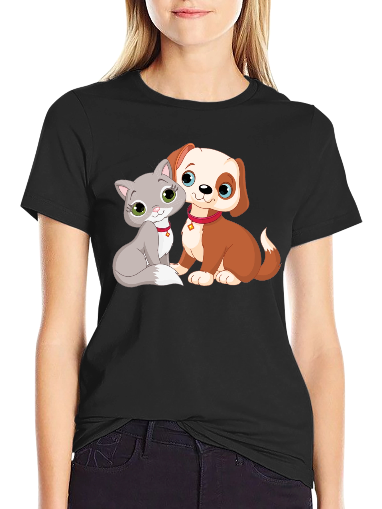 Cute Cartoon Cat and Dog Graphic T-Shirt