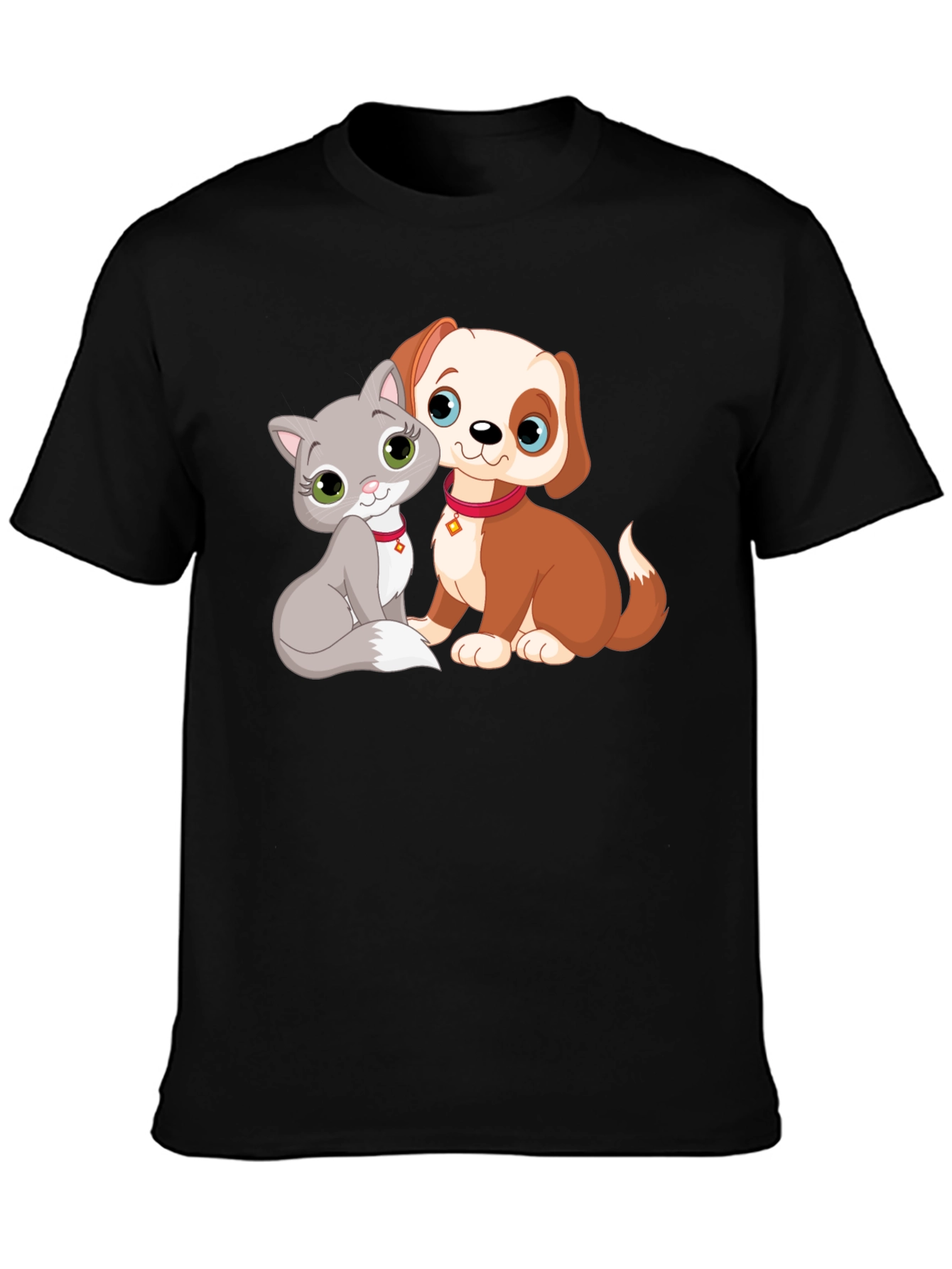 Cute Cartoon Cat and Dog Graphic T-Shirt