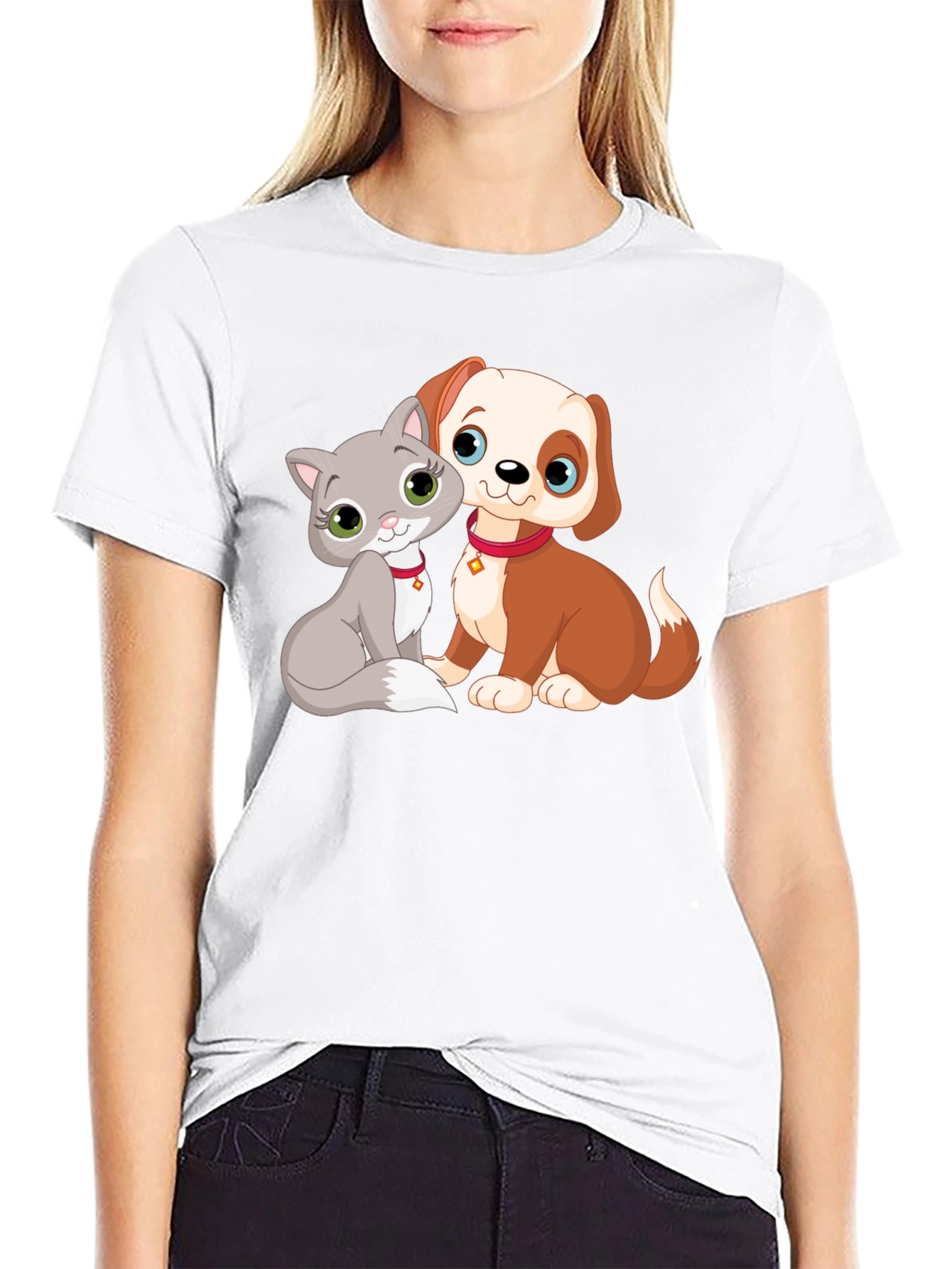 Cute Cartoon Cat and Dog Graphic T-Shirt