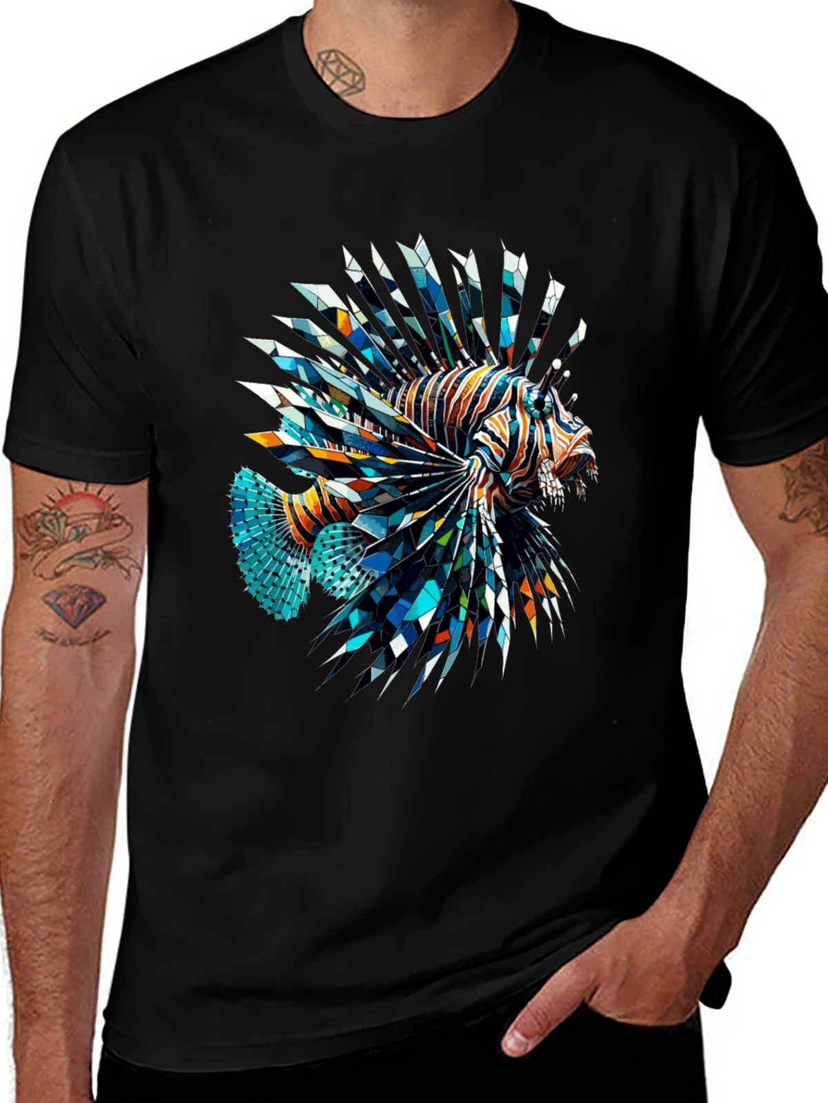 Geometric Lionfish Graphic Tee - Black