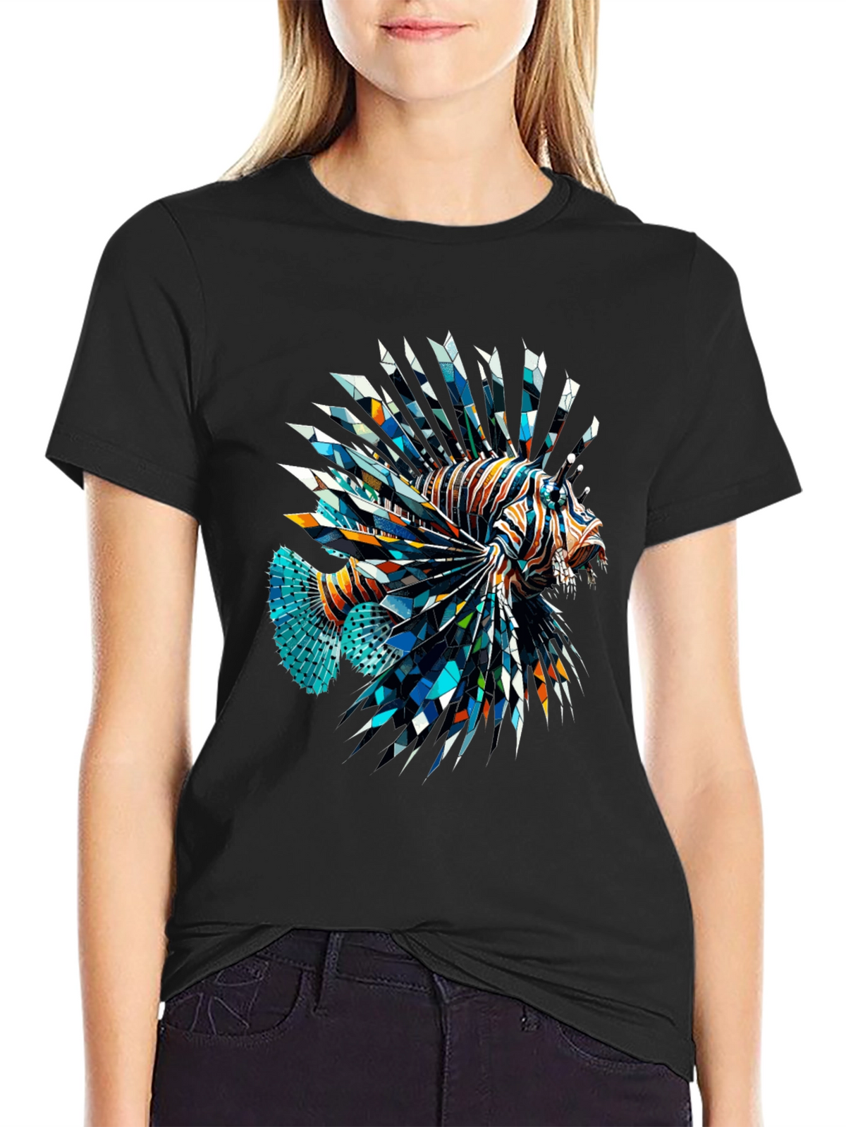 Geometric Lionfish Graphic Tee - Black