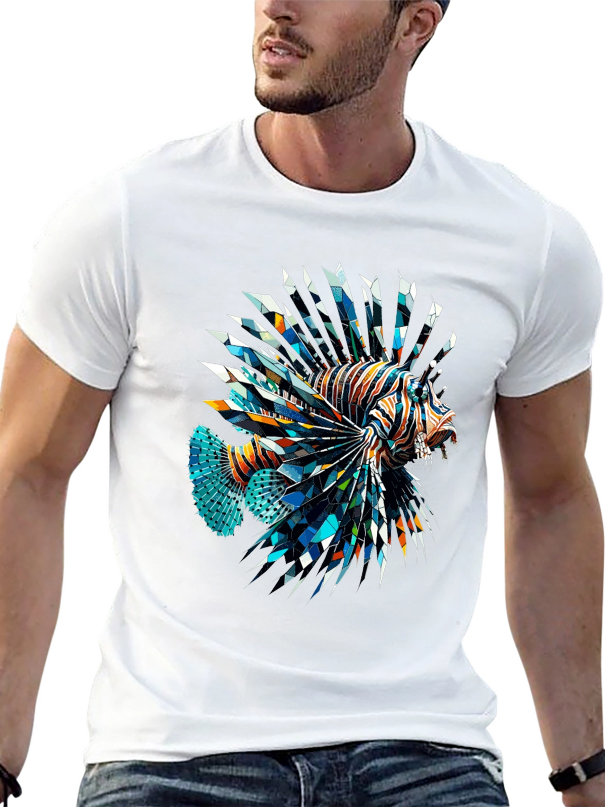 Geometric Lionfish Graphic Tee - Black