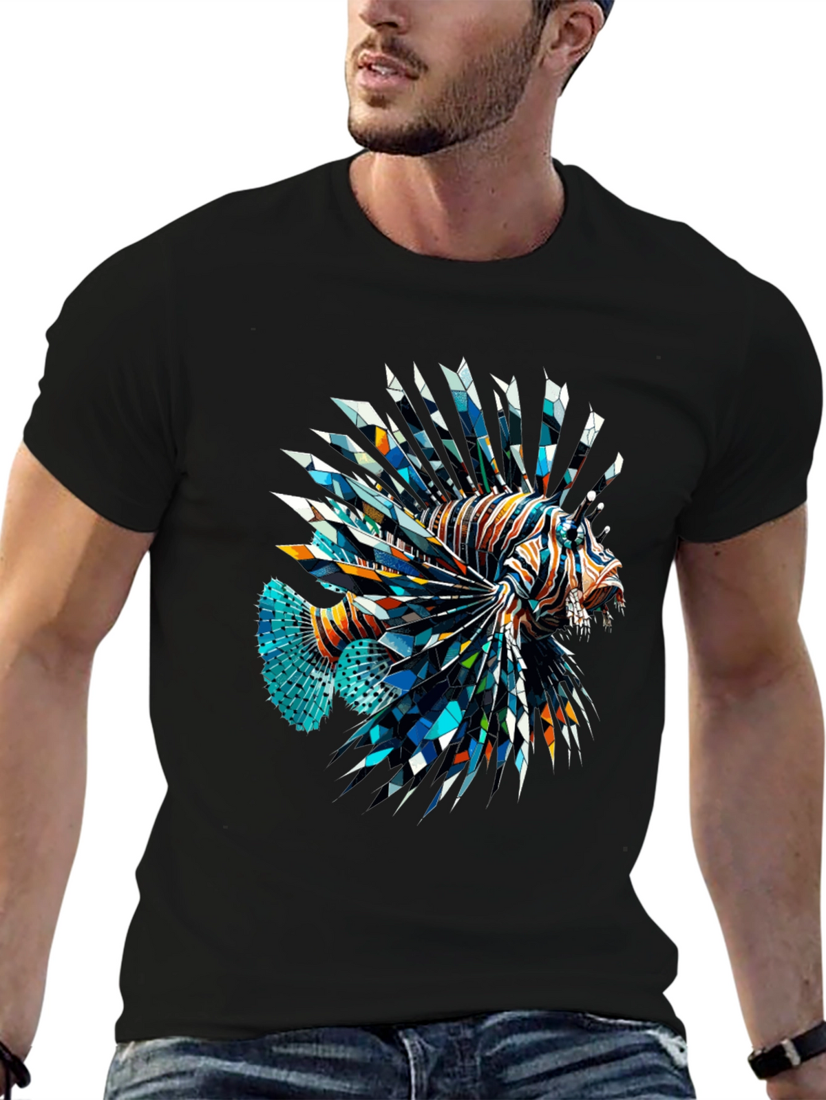 Geometric Lionfish Graphic Tee - Black