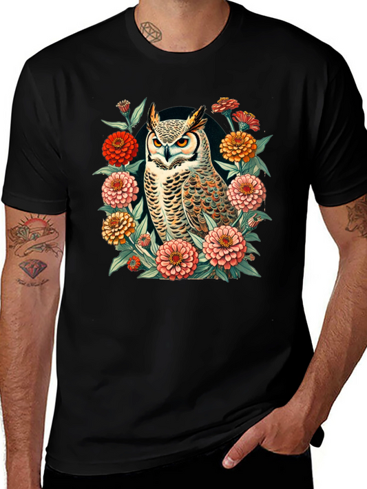Owl & Floral Graphic Tee - Unique Bird Design