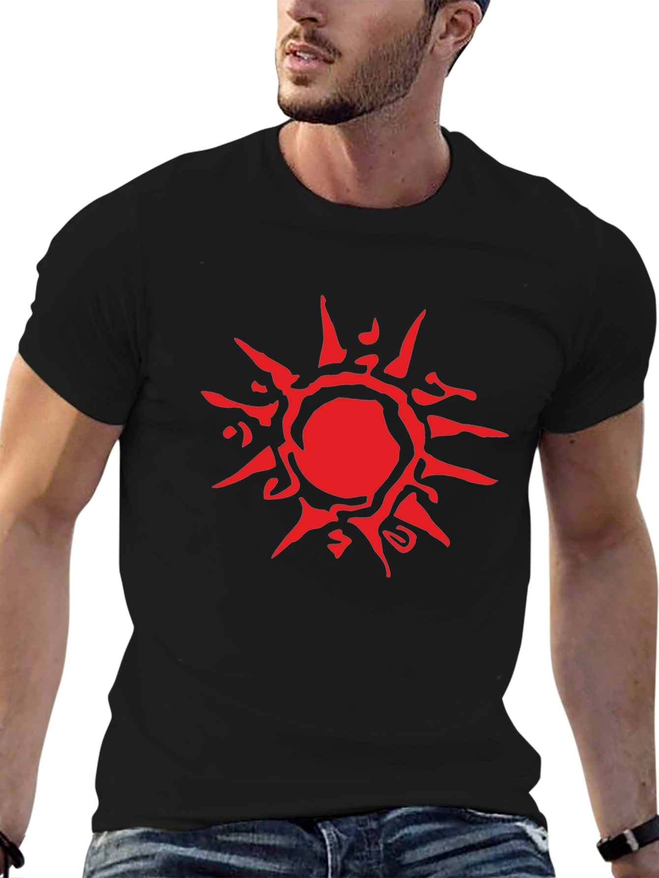 Abstract Red Sun Graphic Black T-Shirt