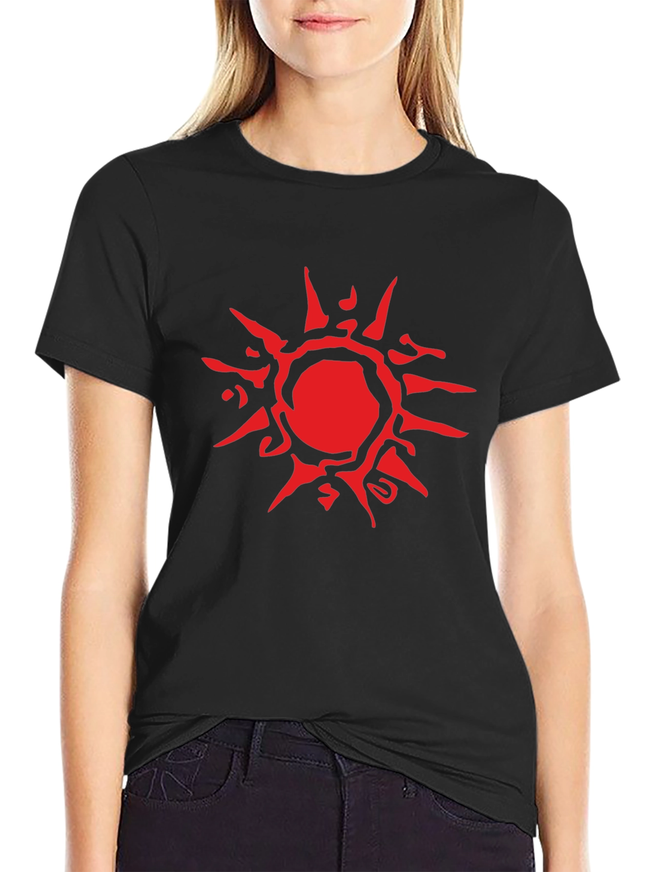 Abstract Red Sun Graphic Black T-Shirt