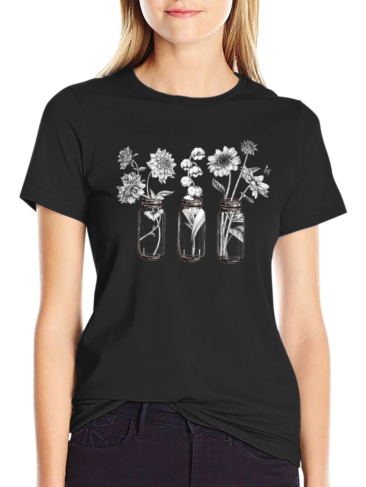 Floral Jars Graphic Tee - Black Cotton Blend