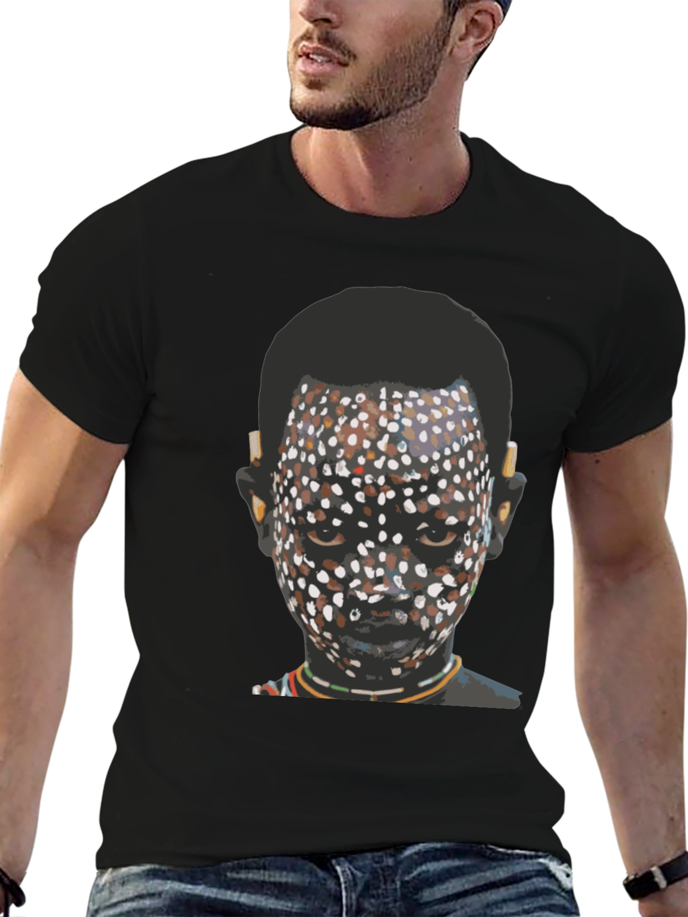 Tribal Face Graphic Print Black T-Shirt