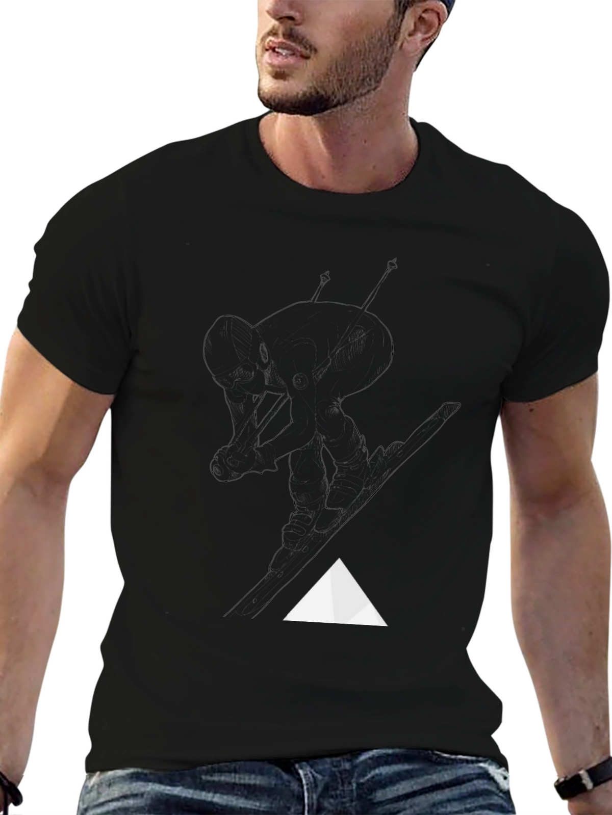 Mens Black Graphic Tee - Skiing Design
