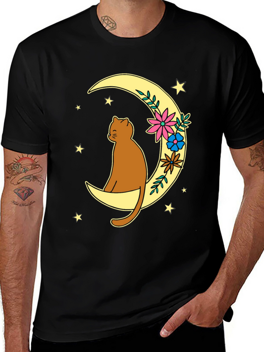 Cat on Moon Graphic Tee - Unisex Black T-Shirt