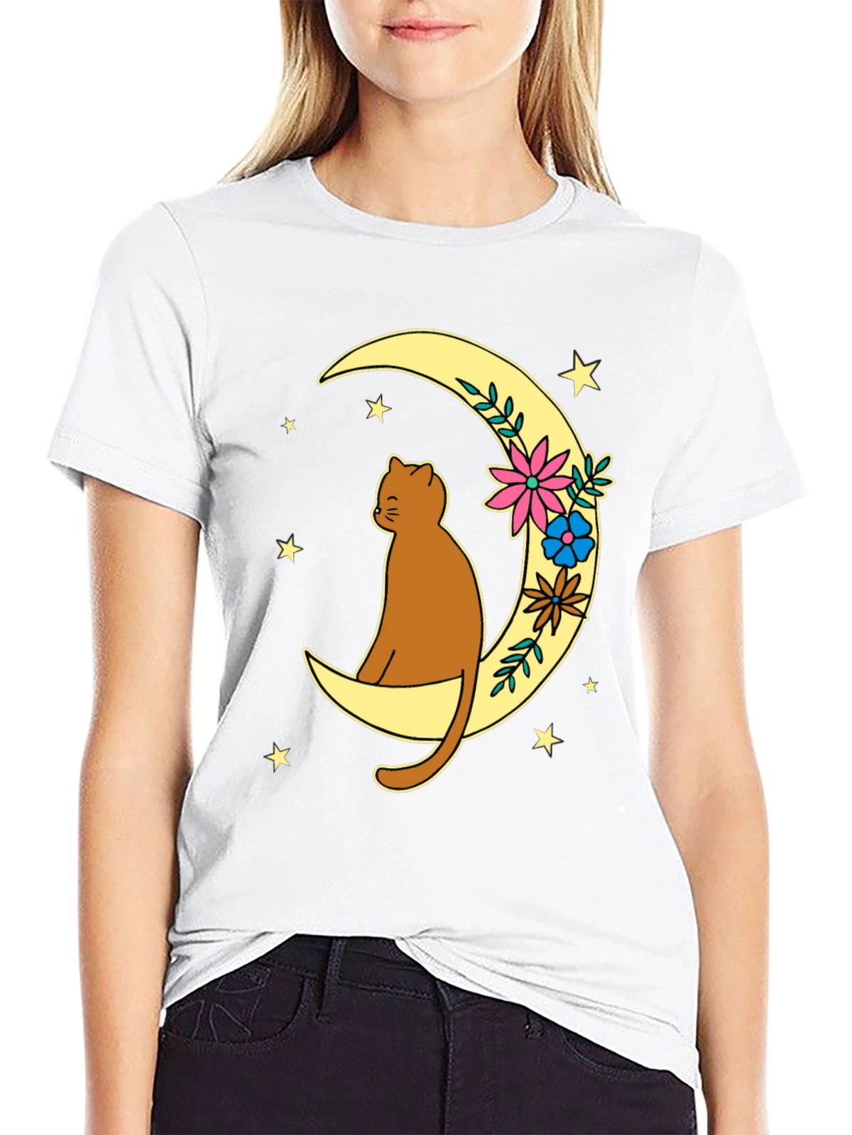 Cat on Moon Graphic Tee - Unisex Black T-Shirt