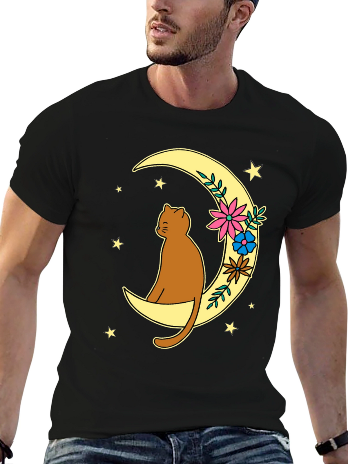 Cat on Moon Graphic Tee - Unisex Black T-Shirt