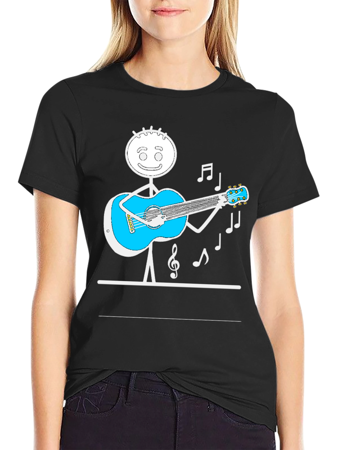Stick Figure Guitarist Tee - Playful Black T-Shirt