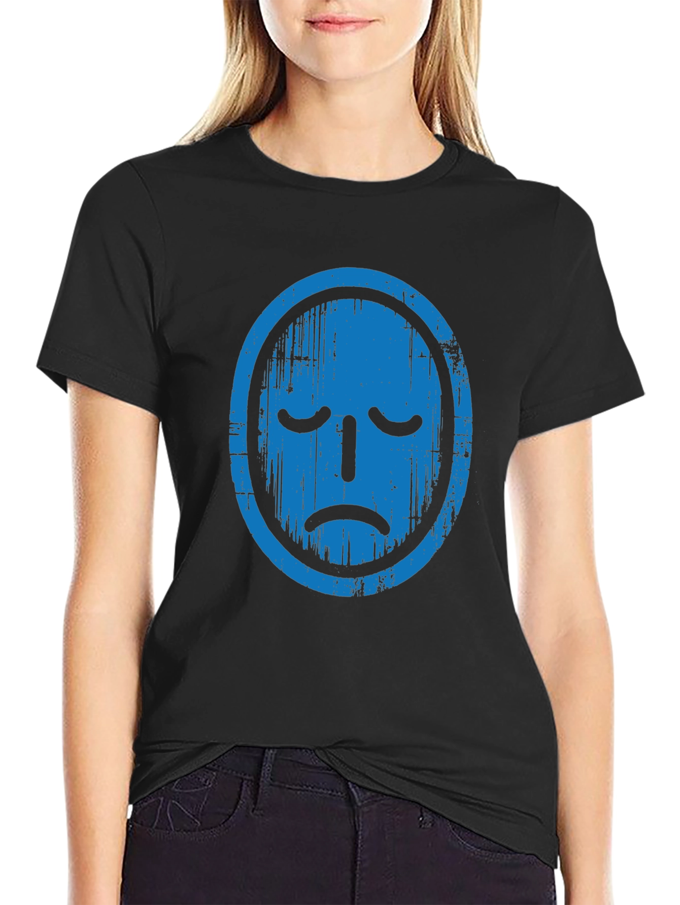 Distressed Blue Face Graphic Black T-Shirt