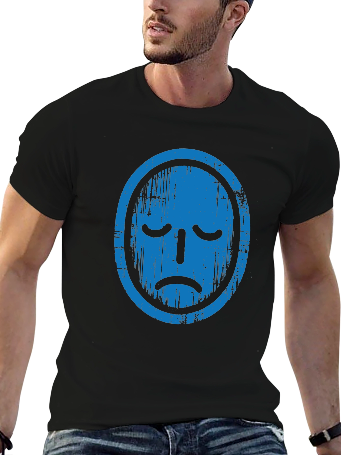 Distressed Blue Face Graphic Black T-Shirt
