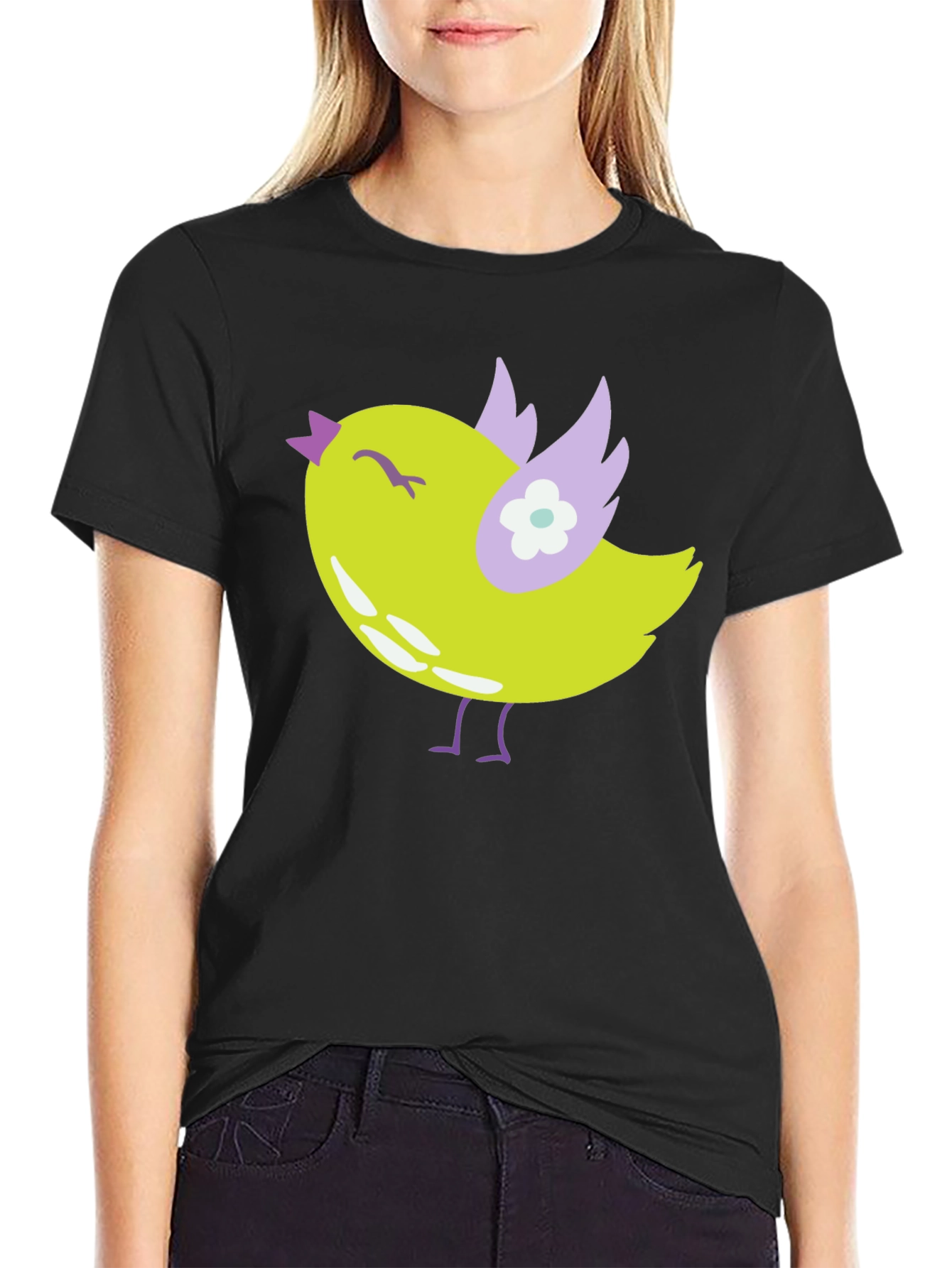 Cute Bird Graphic Tee - Soft Black Cotton T-Shirt