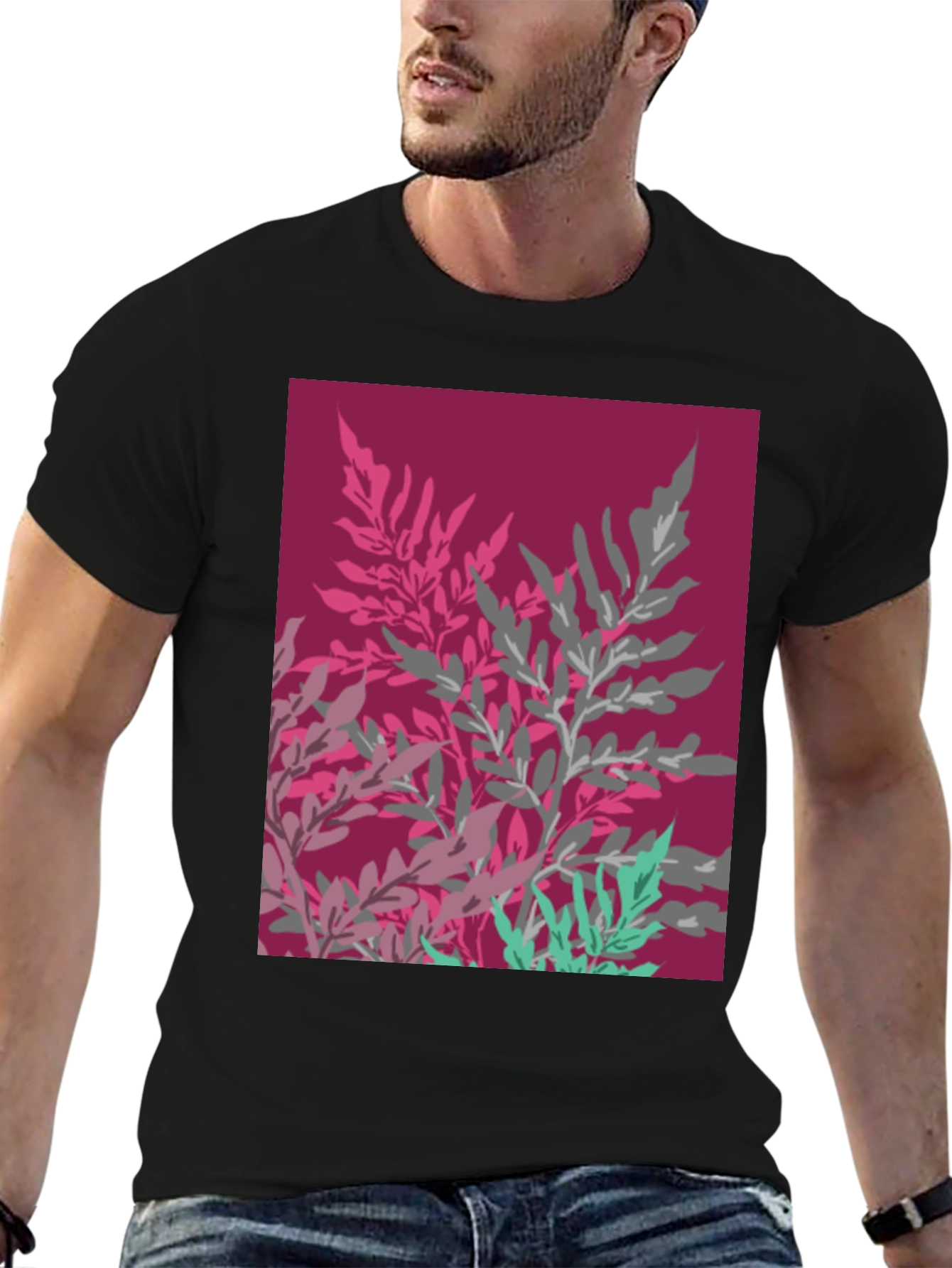 Abstract Floral Print Black Cotton Tee