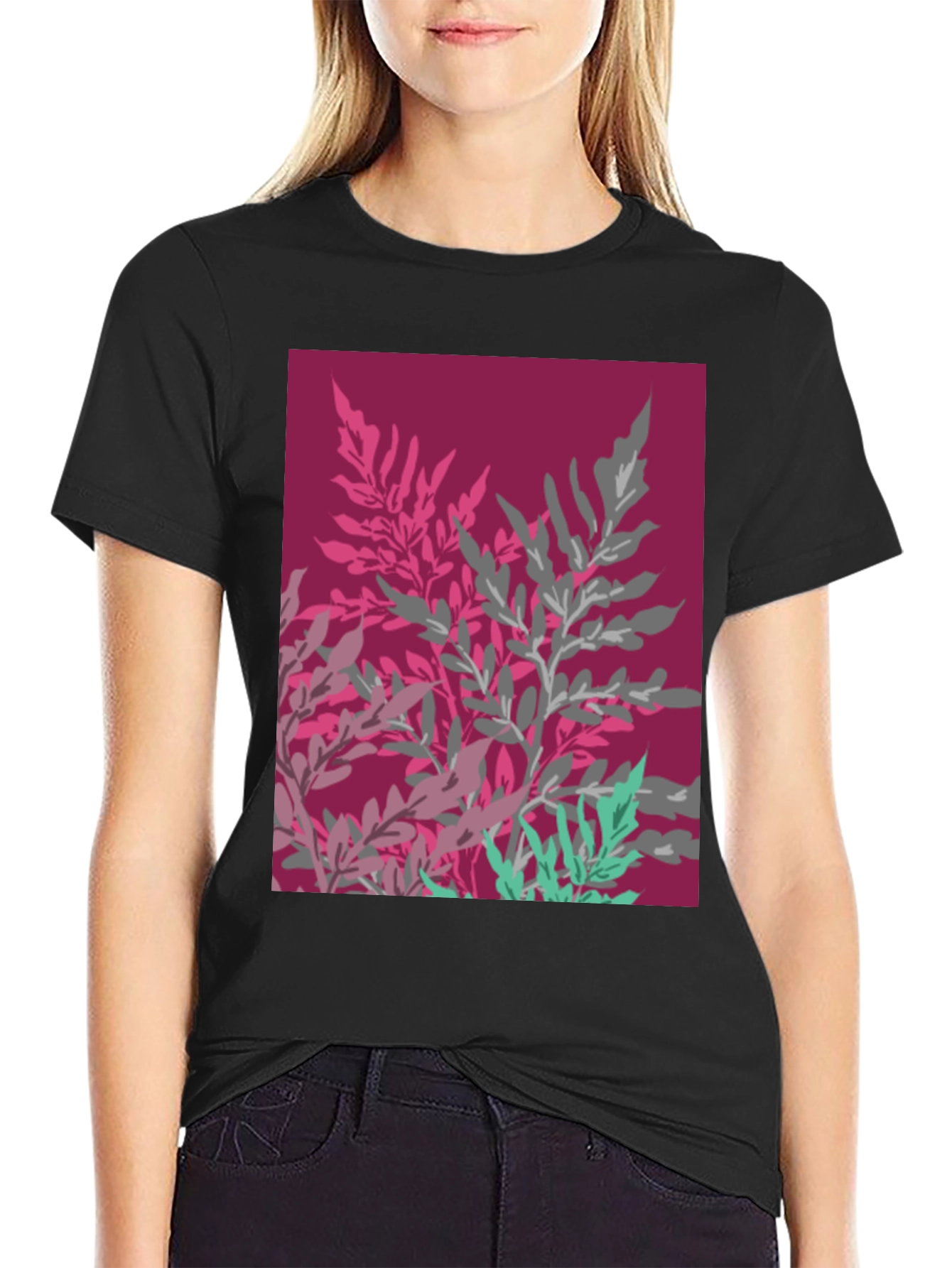 Abstract Floral Print Black Cotton Tee