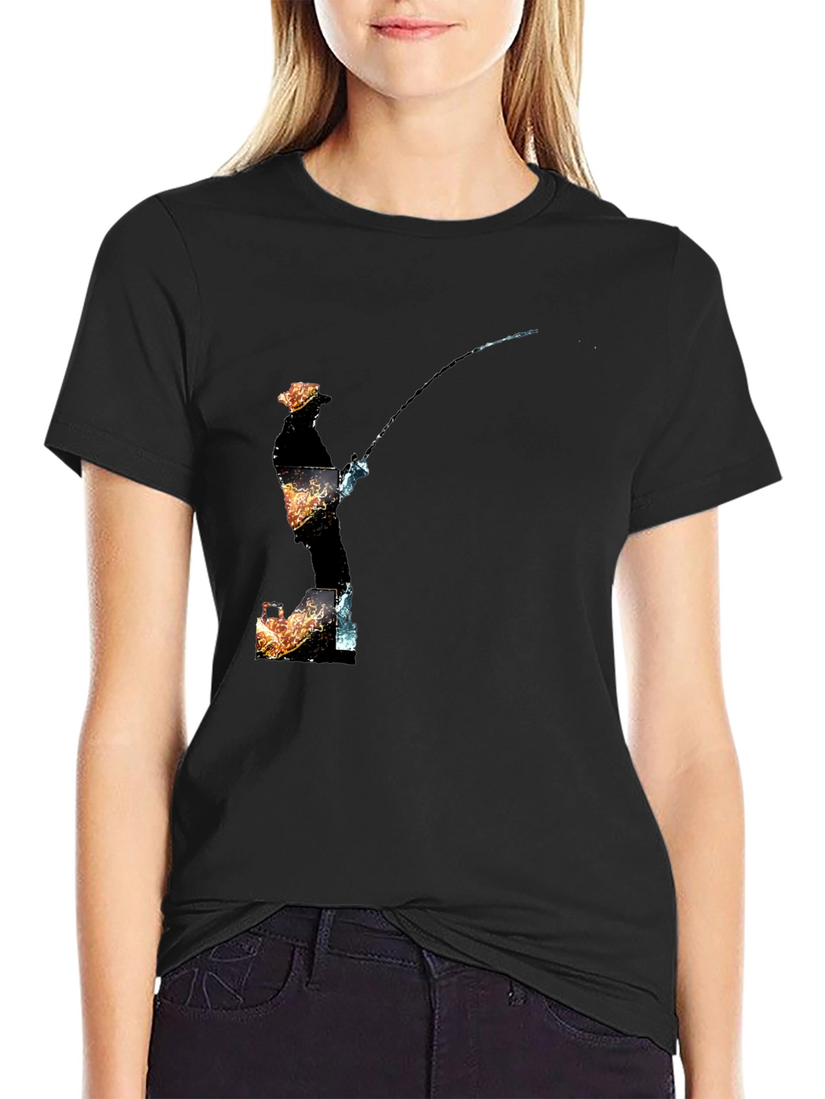 Fisherman Graphic Print Black T-Shirt