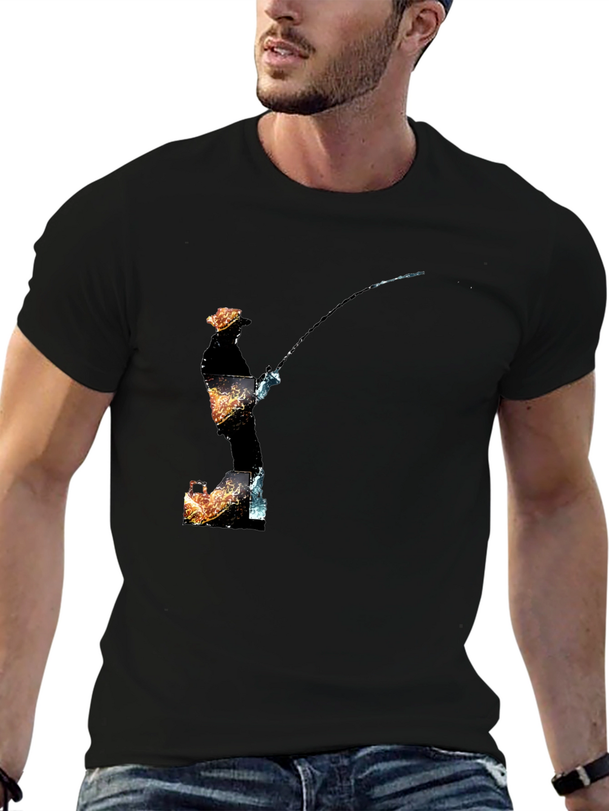 Fisherman Graphic Print Black T-Shirt