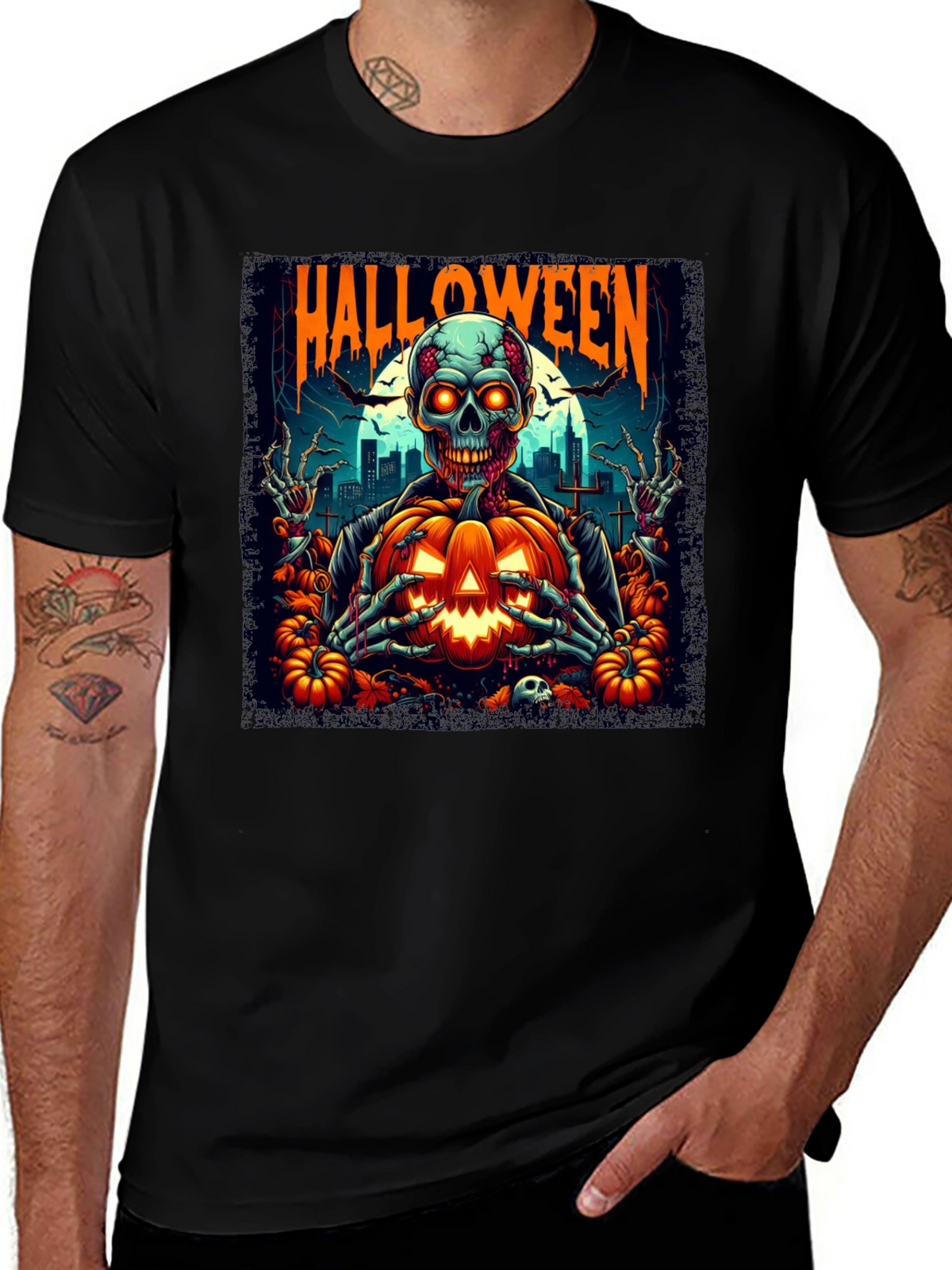 Halloween Skeleton Pumpkin Graphic T-Shirt
