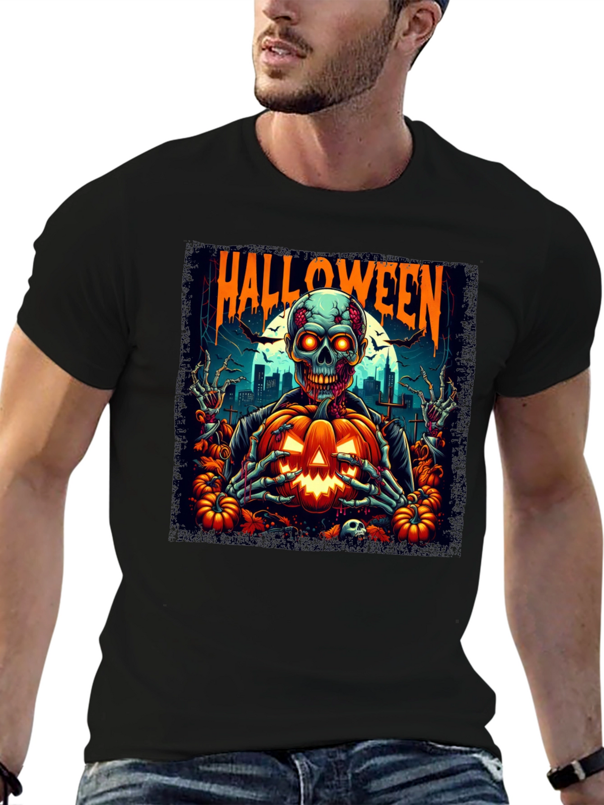 Halloween Skeleton Pumpkin Graphic T-Shirt