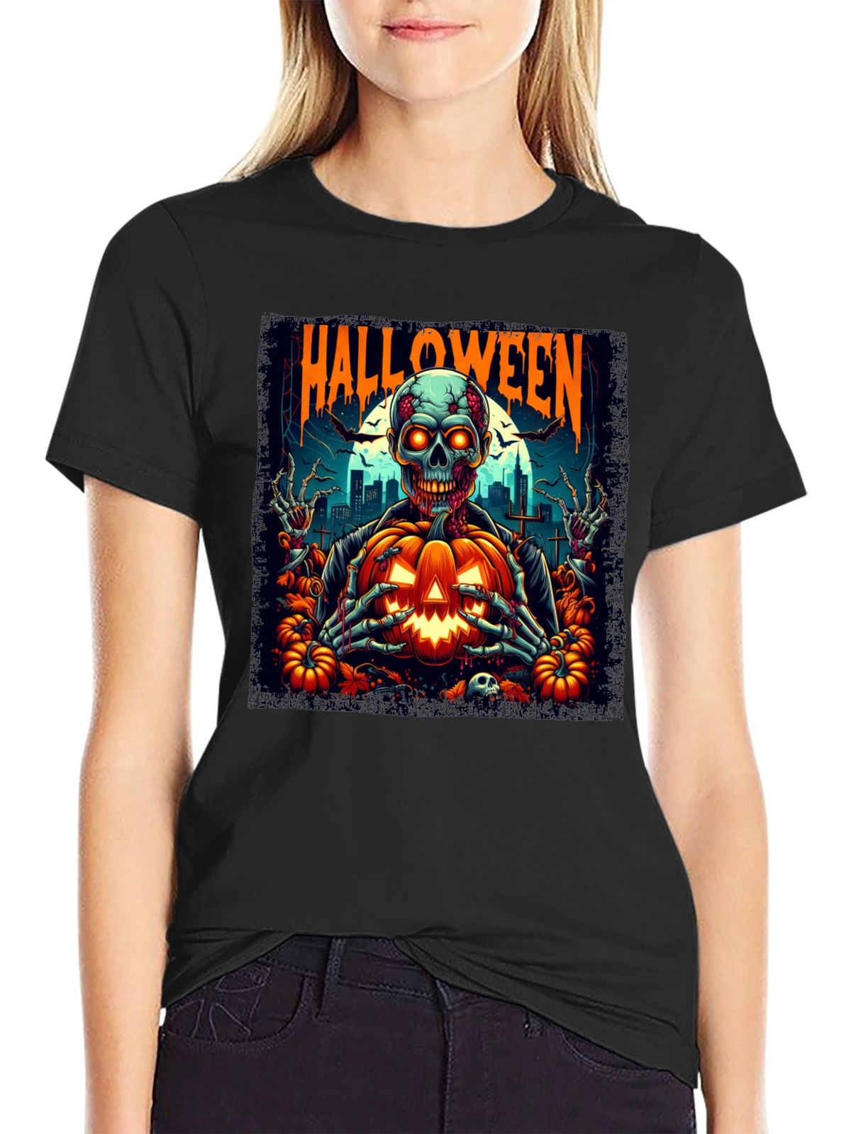 Halloween Skeleton Pumpkin Graphic T-Shirt