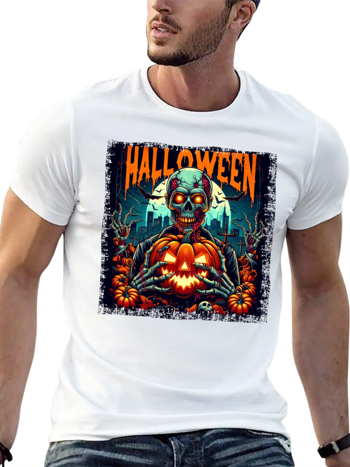 Halloween Skeleton Pumpkin Graphic T-Shirt