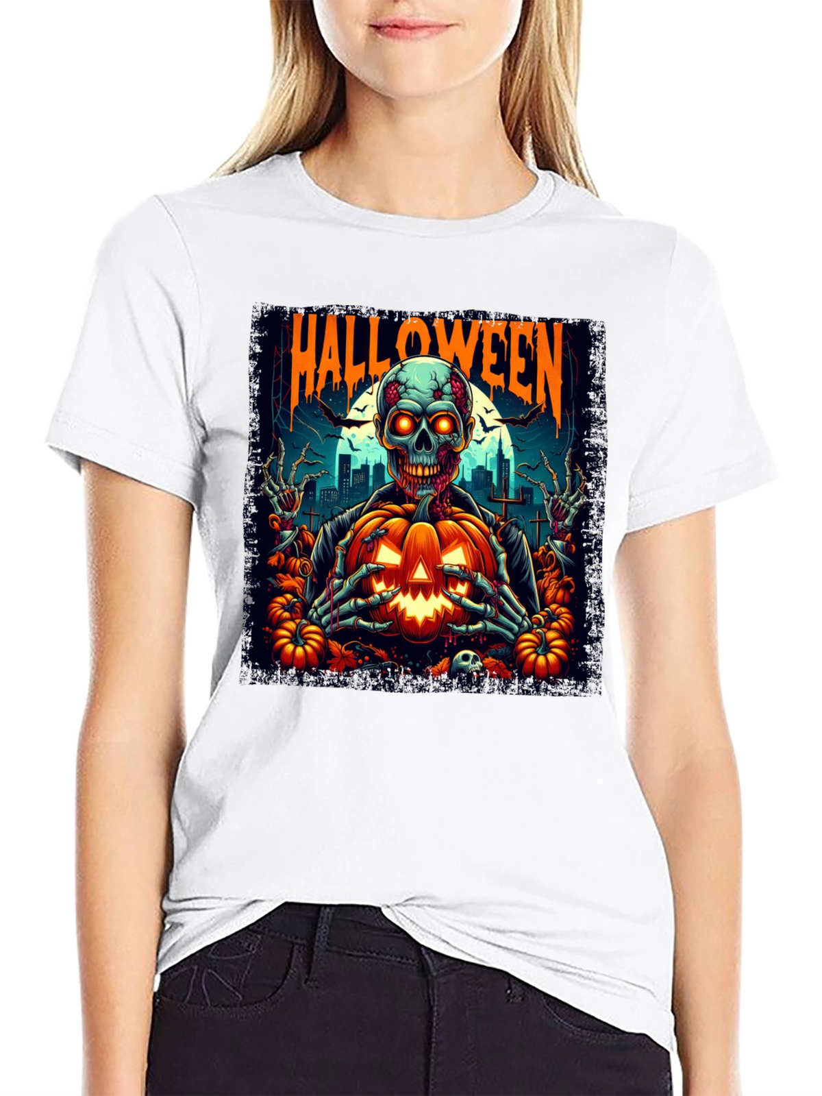 Halloween Skeleton Pumpkin Graphic T-Shirt