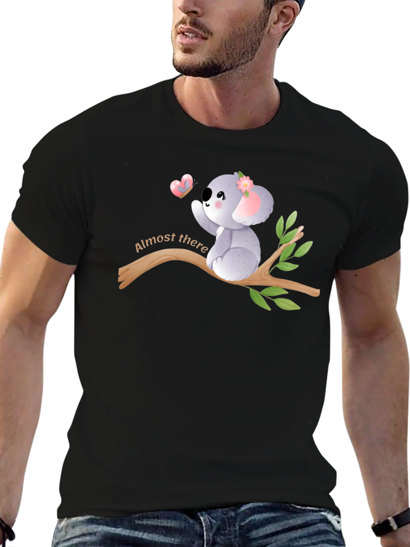 Cute Koala Almost There Black Graphic T-Shirt